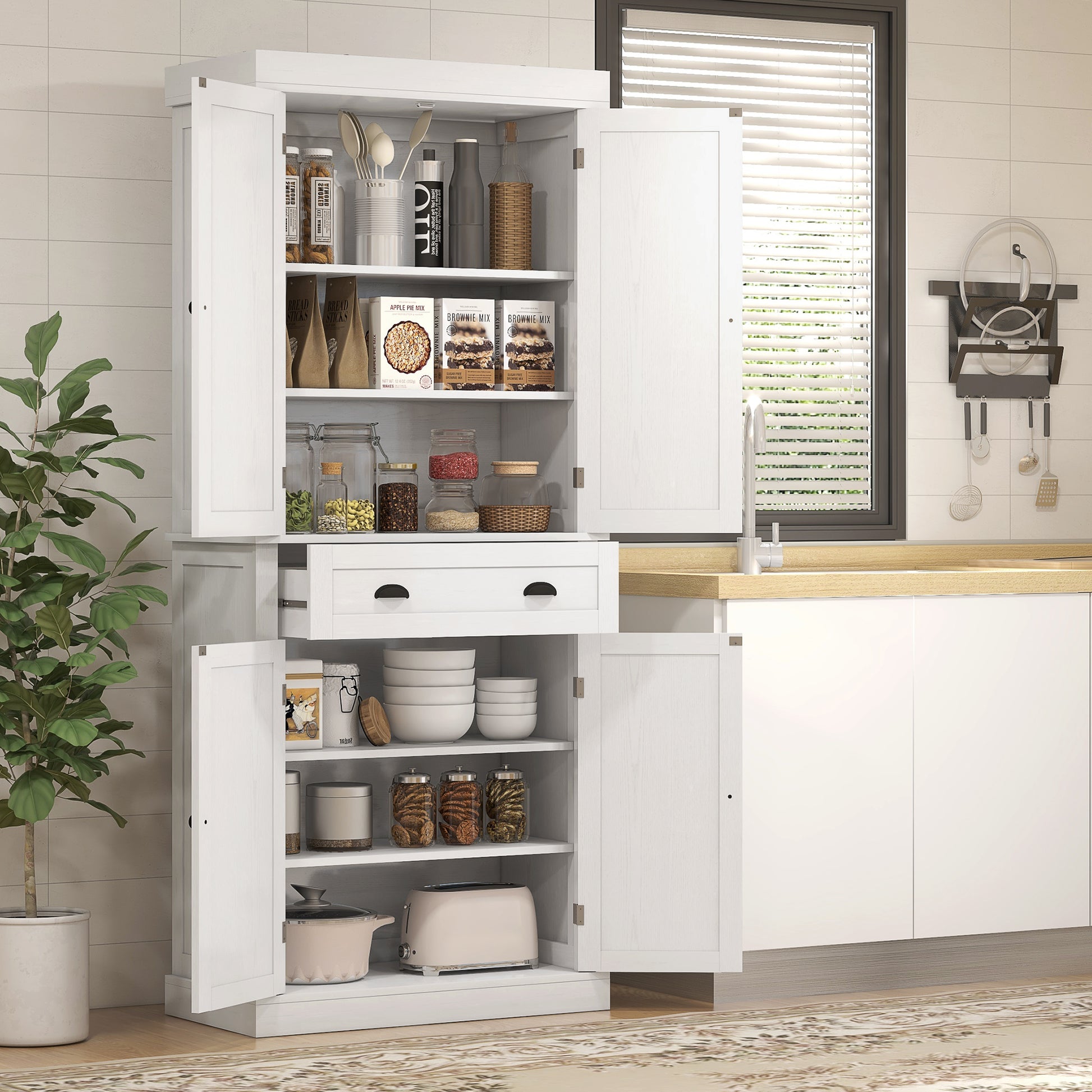 72" Tall Pantry Cabinet - Kitchen Storage with 4 Doors, Drawer & Shelves White-DECOROLALA