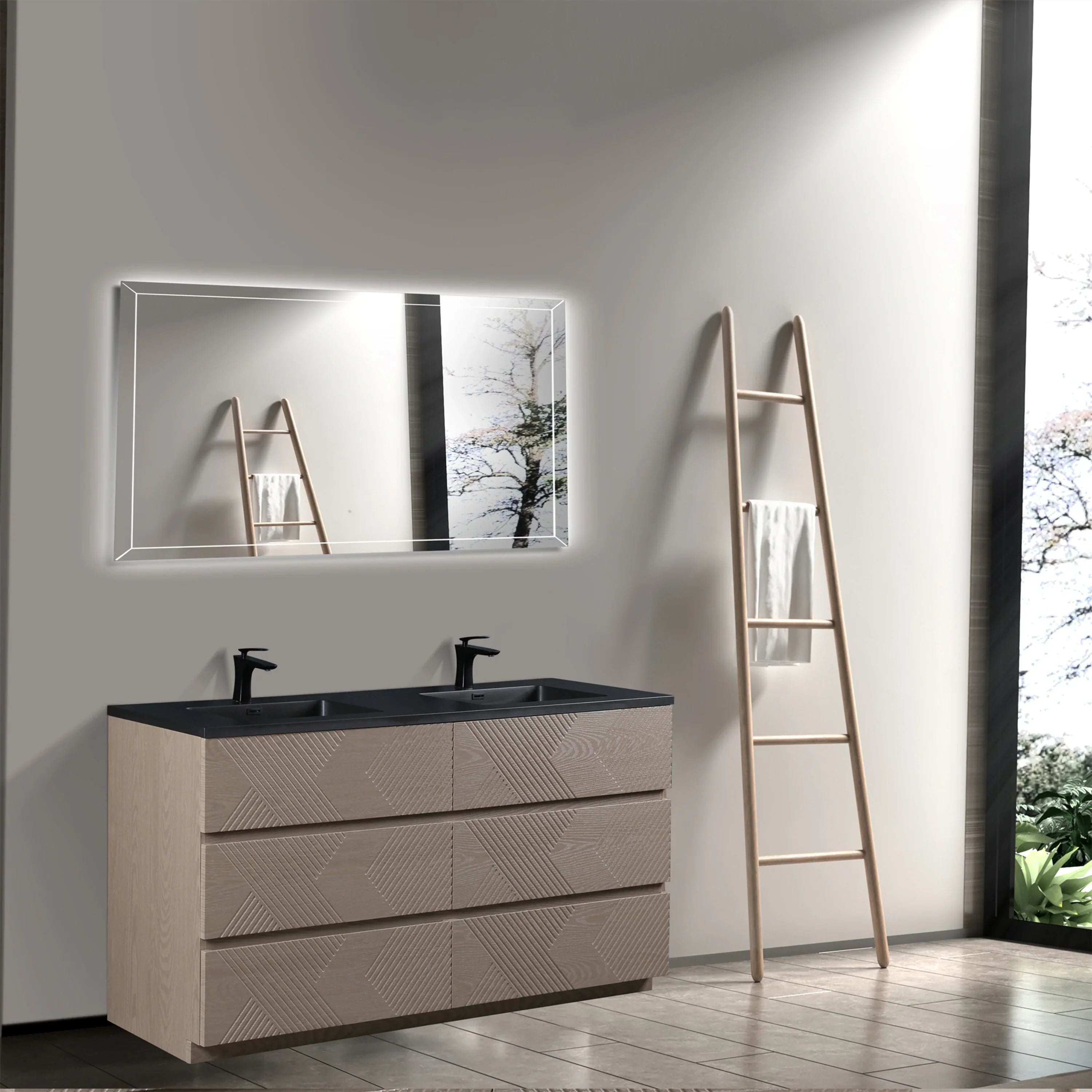 72" Taupe Oak Freestanding Double Sink Vanity with Black Engineered Quartz Countertop-Migration_Bathroom Vanities-DECOROLALA