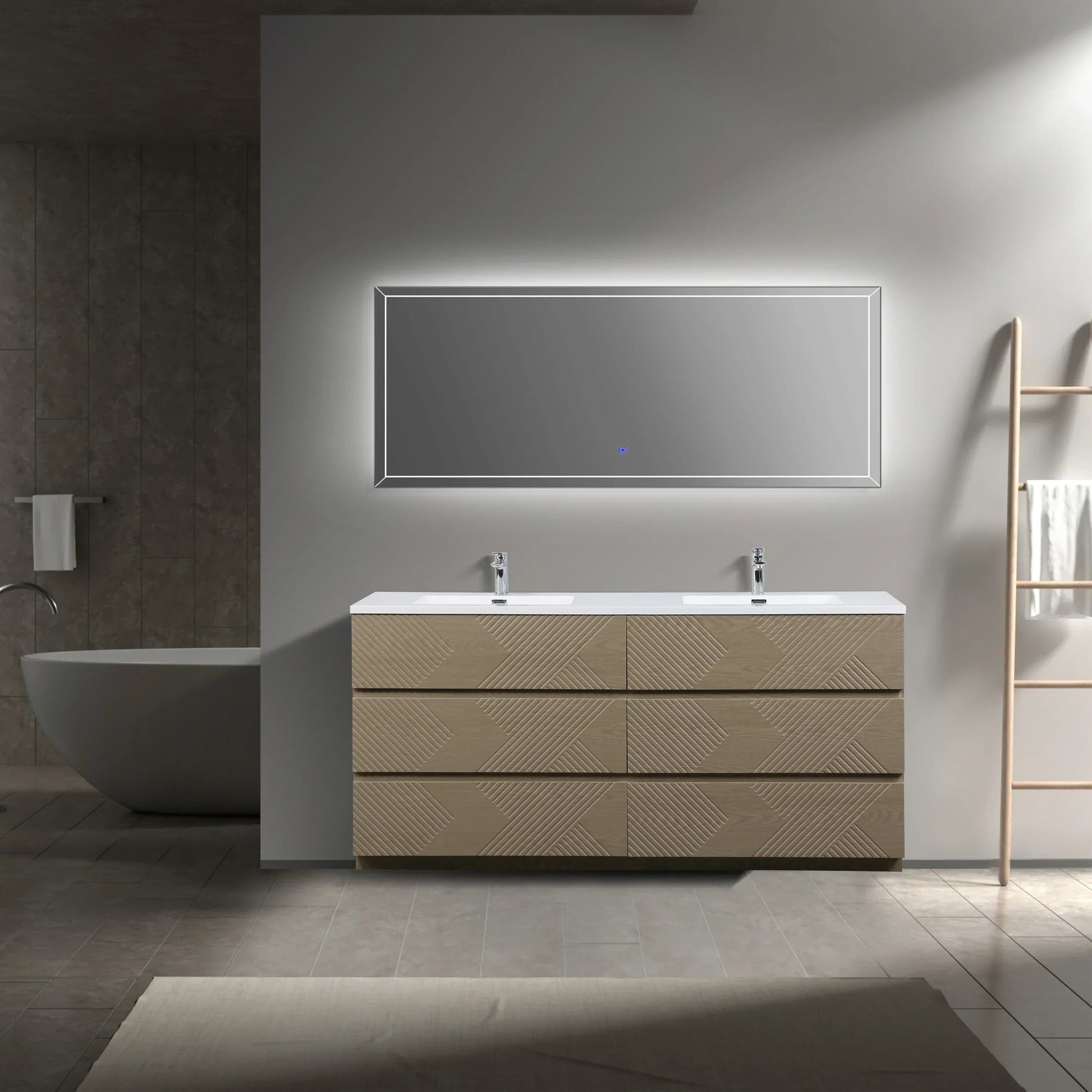 72" Taupe Oak Freestanding Double Sink Vanity with White Polymarble Countertop-Migration_Bathroom Vanities-DECOROLALA