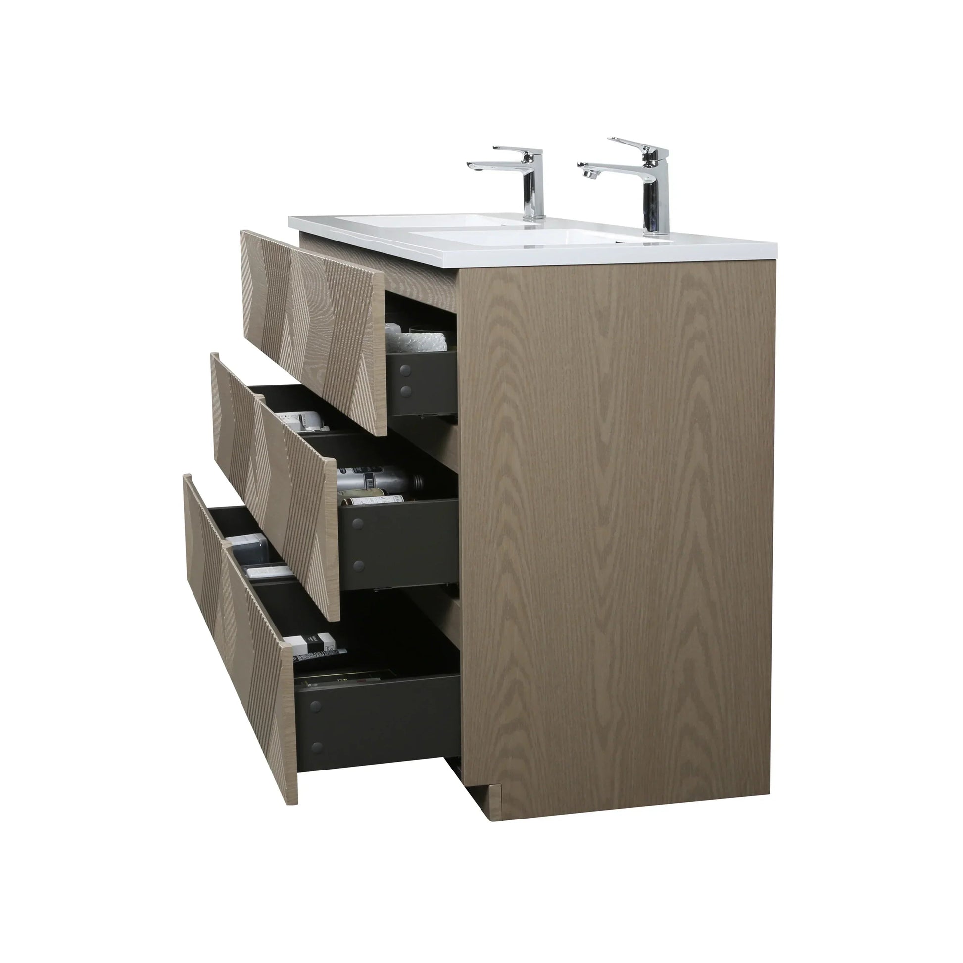72" Taupe Oak Freestanding Double Sink Vanity with White Polymarble Countertop-Migration_Bathroom Vanities-DECOROLALA
