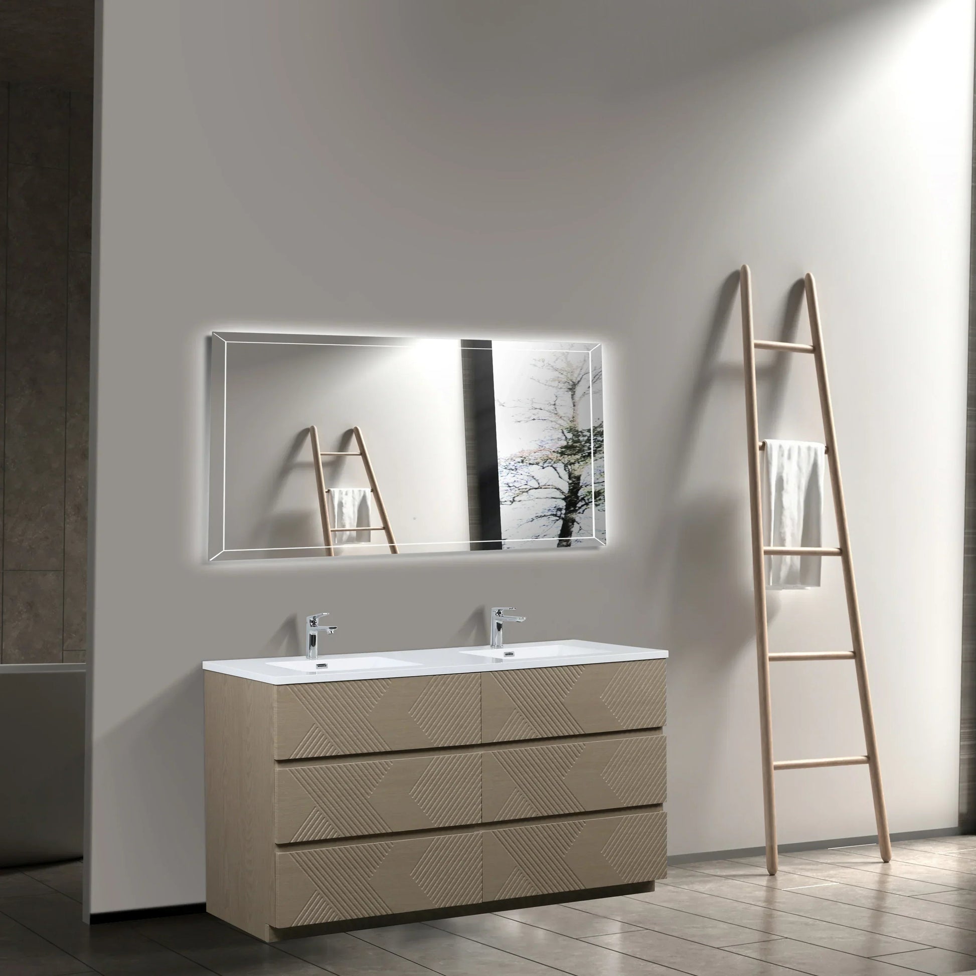 72" Taupe Oak Freestanding Double Sink Vanity with White Polymarble Countertop-Migration_Bathroom Vanities-DECOROLALA