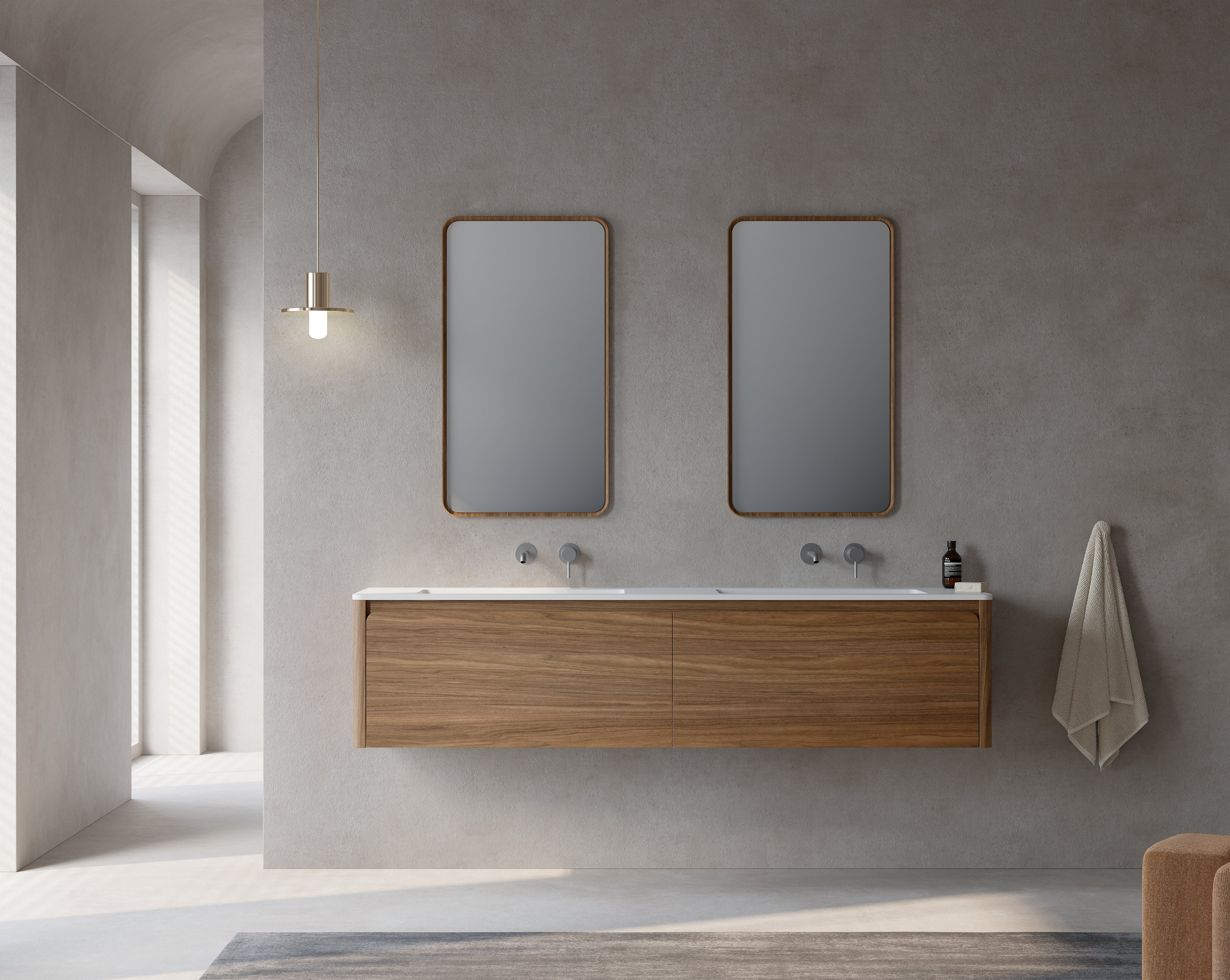 72" Walnut Wall Mount Double Sink Bathroom Vanity with Matte White Solid Surface Countertop