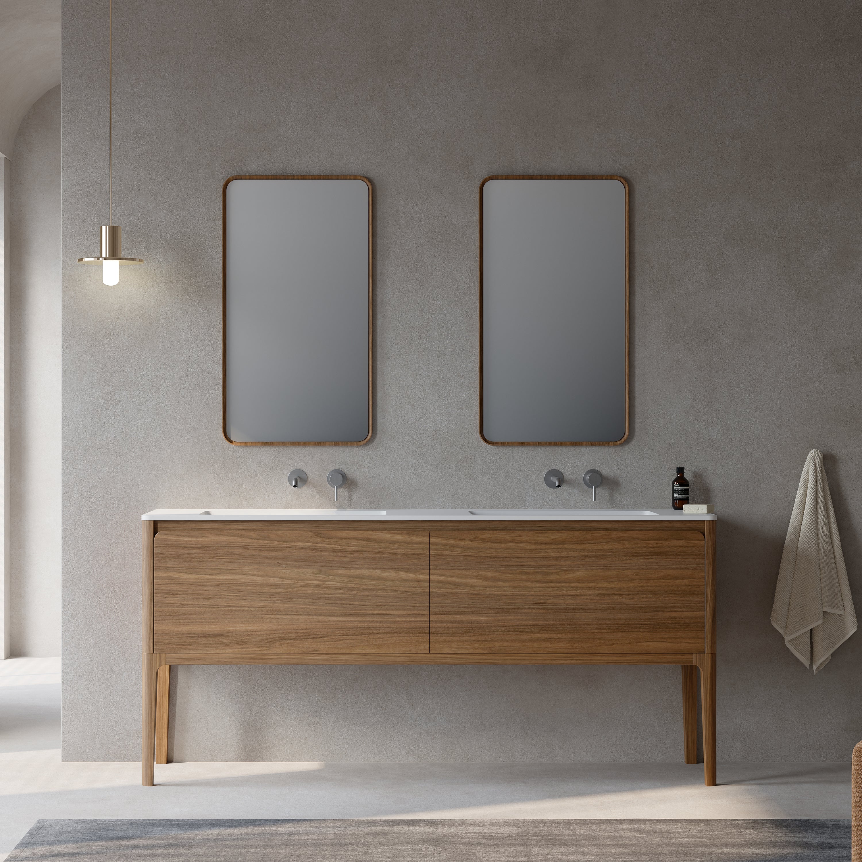 72" Walnut Wall Mount Double Sink Bathroom Vanity with Matte White Solid Surface Countertop