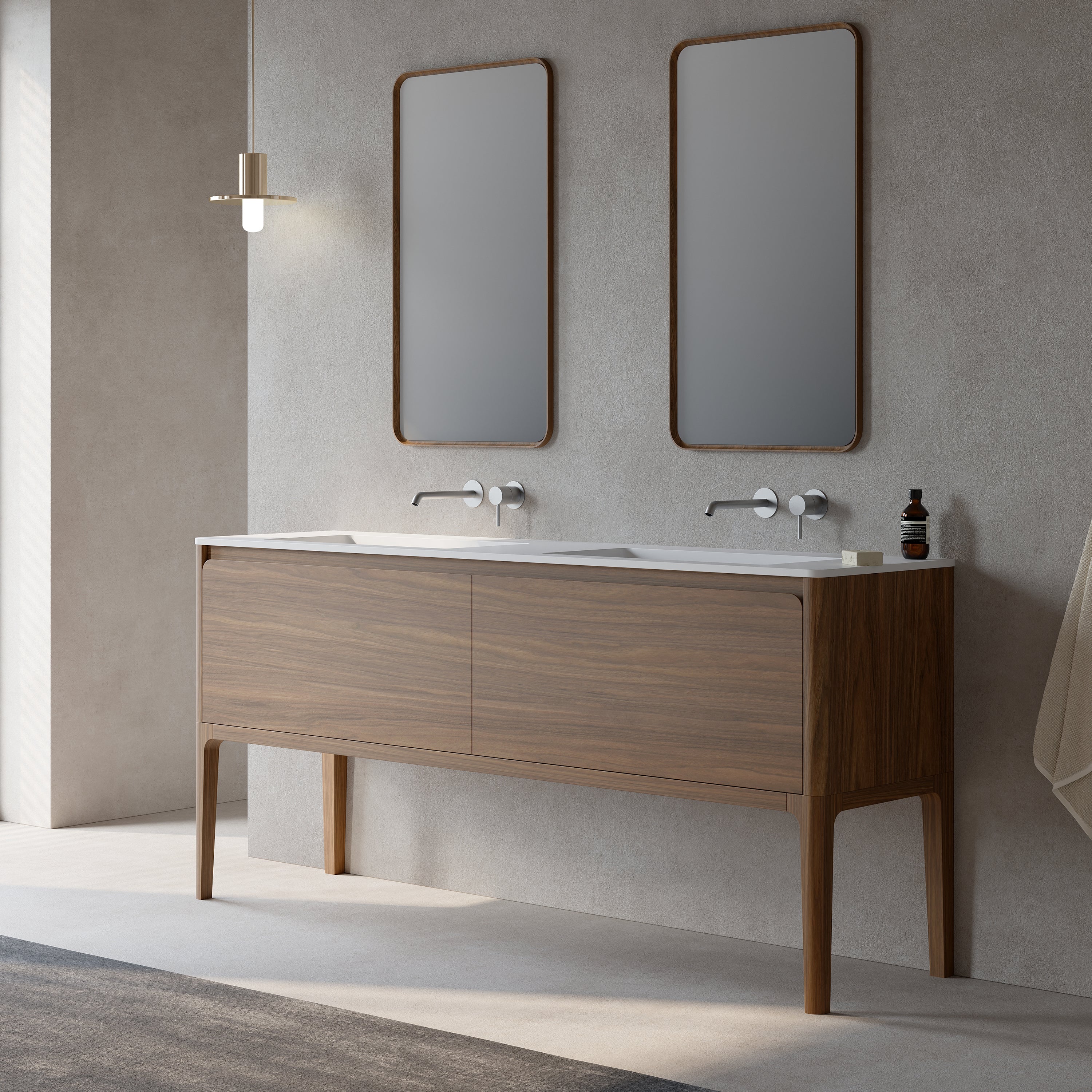 72" Walnut Wall Mount Double Sink Bathroom Vanity with Matte White Solid Surface Countertop