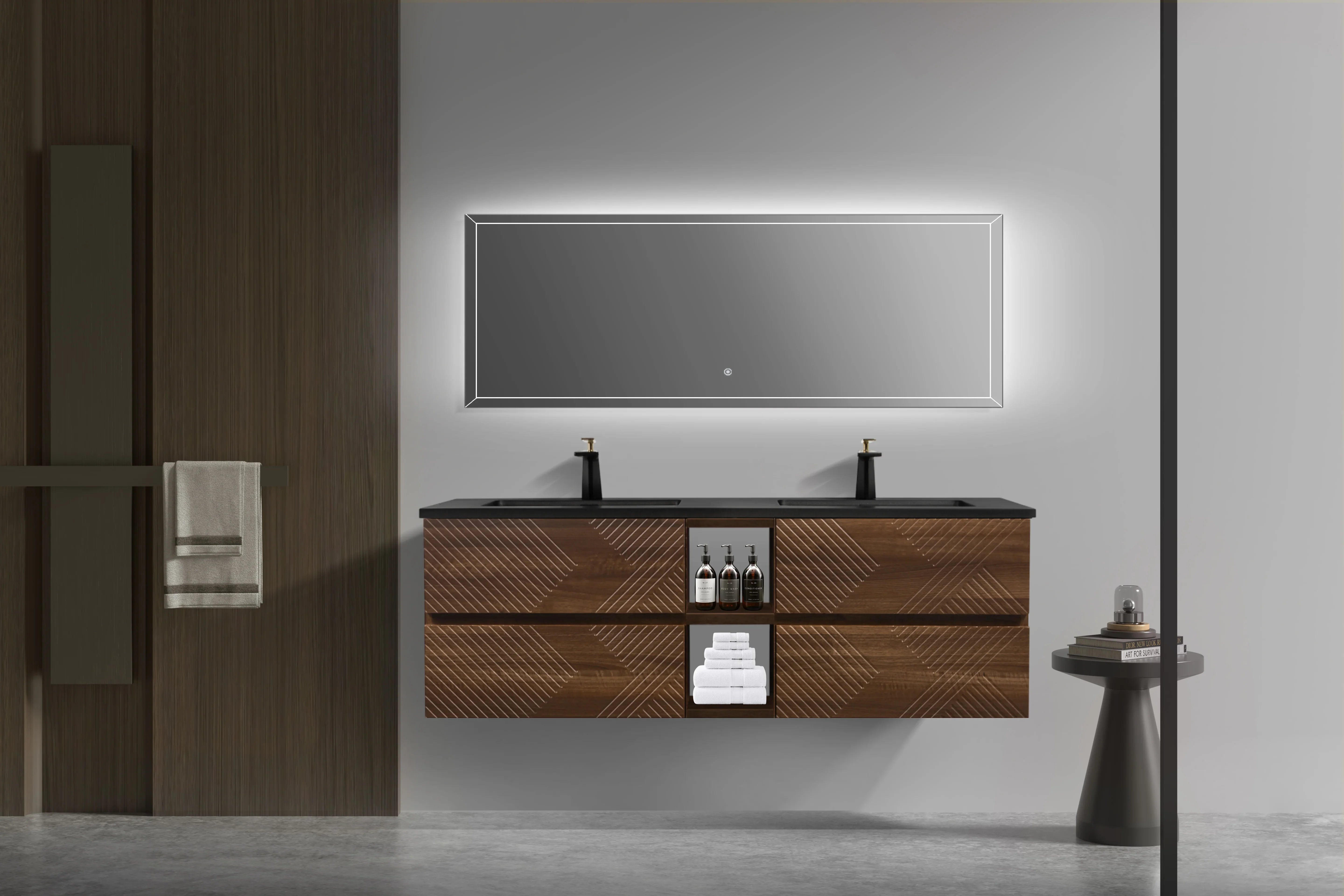 72" Walnut Wall Mount Double Sink Bathroom Vanity with Black Engineered Quartz Countertop