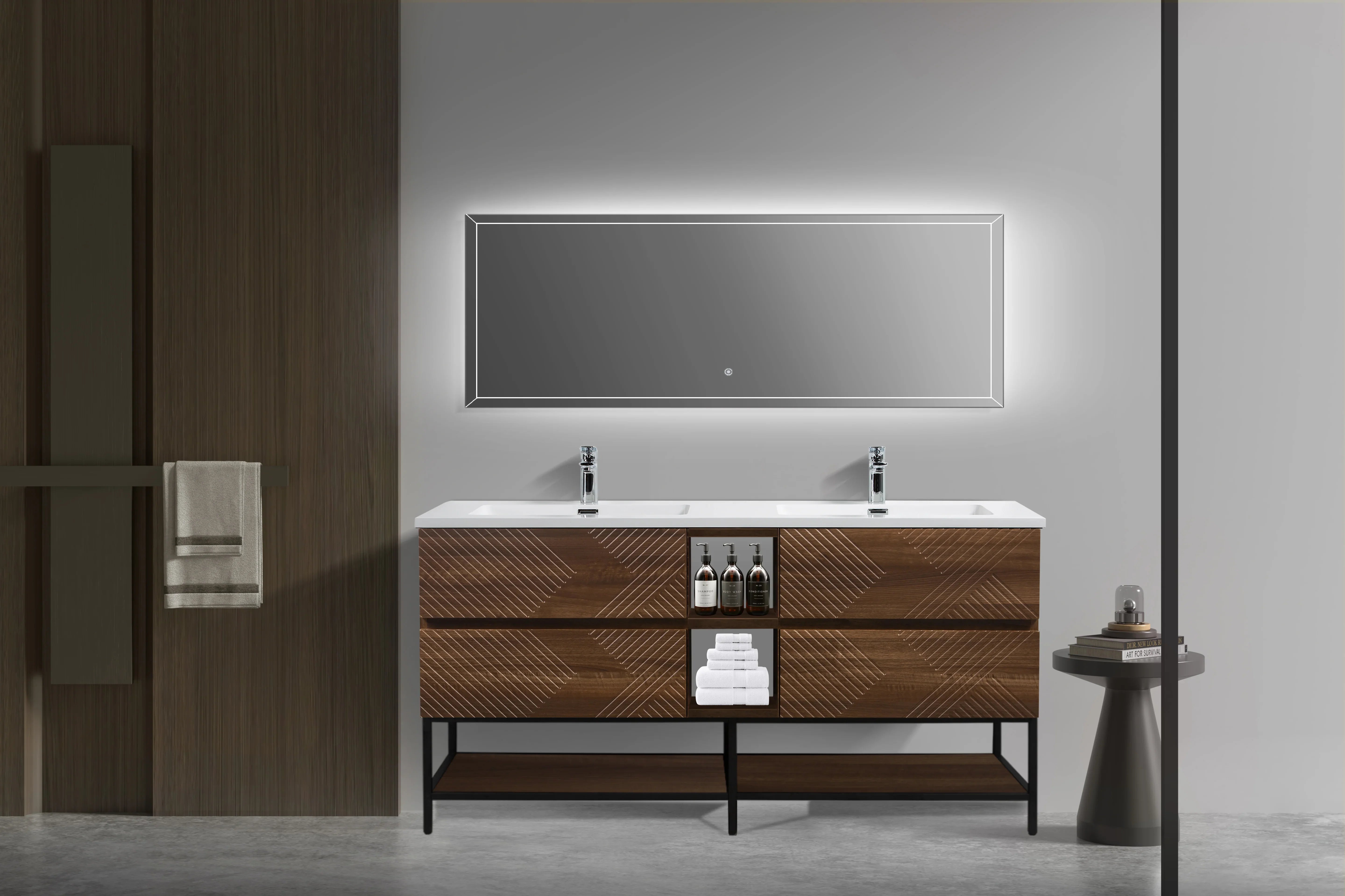 72" Walnut Wall Mount Double Sink Bathroom Vanity with White Polymarble Countertop