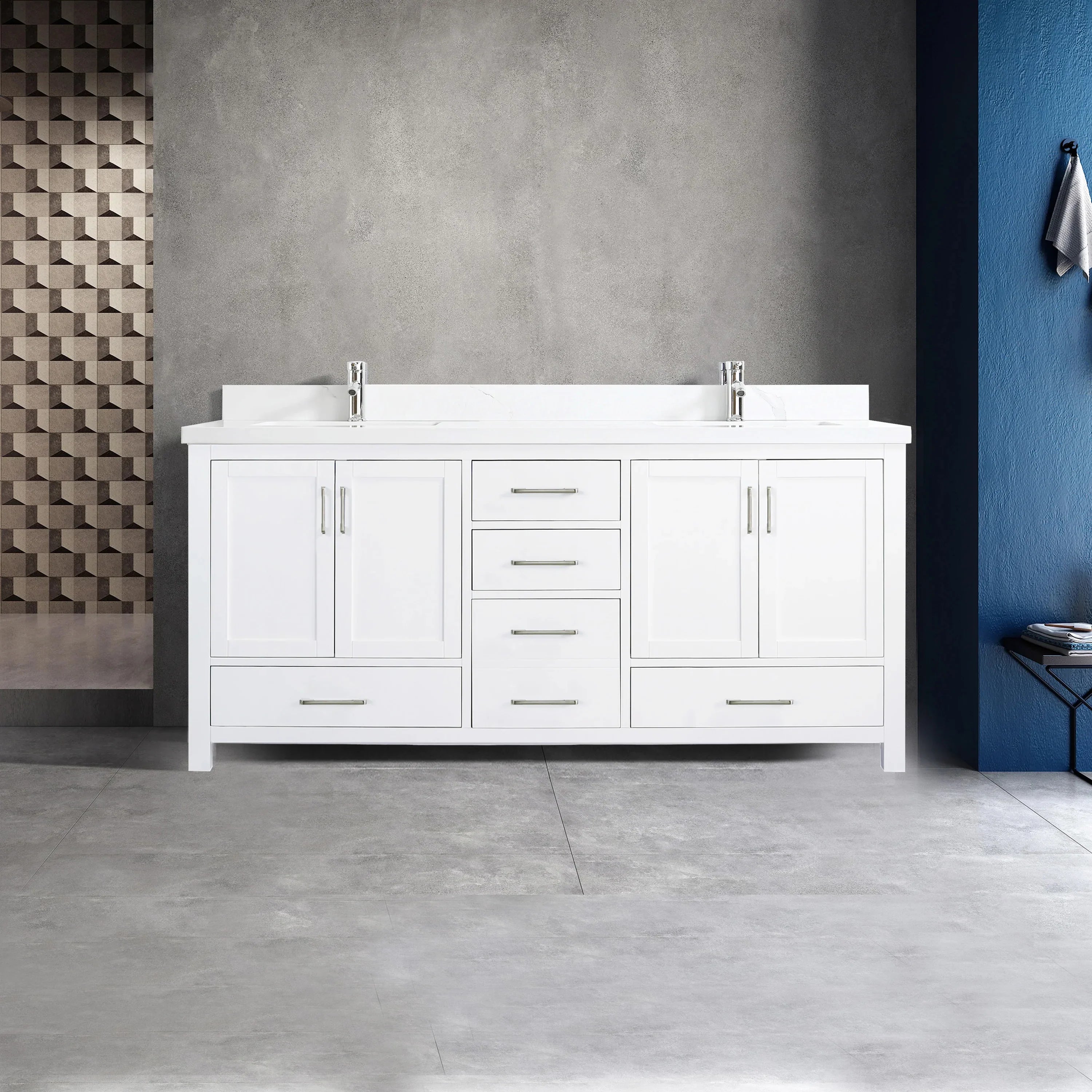 72" White Freestanding Double Sink Bathroom Vanity with Engineered Calcutta Marble
