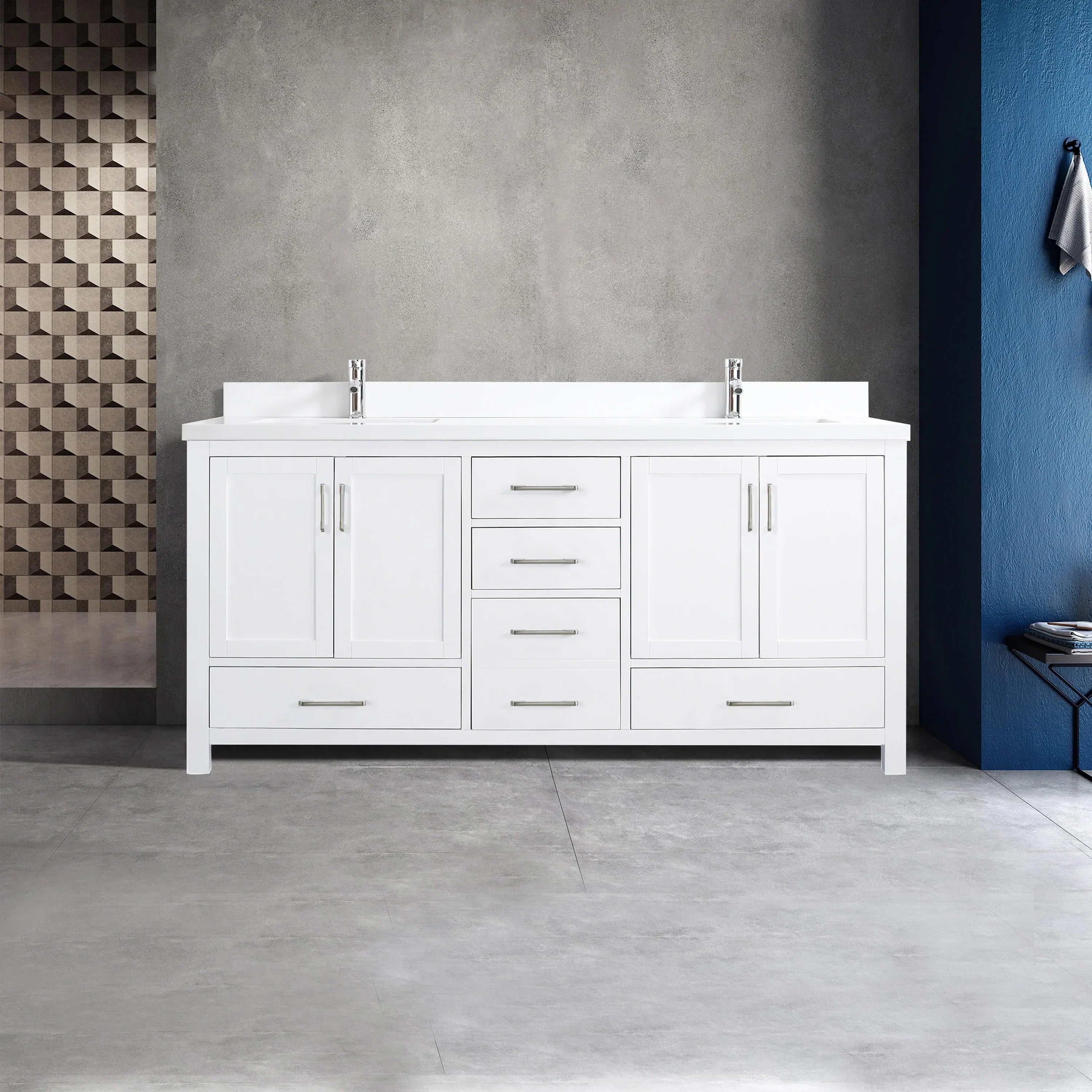 72" White Freestanding Double Sink Bathroom Vanity with Snow White Quartz Countertop