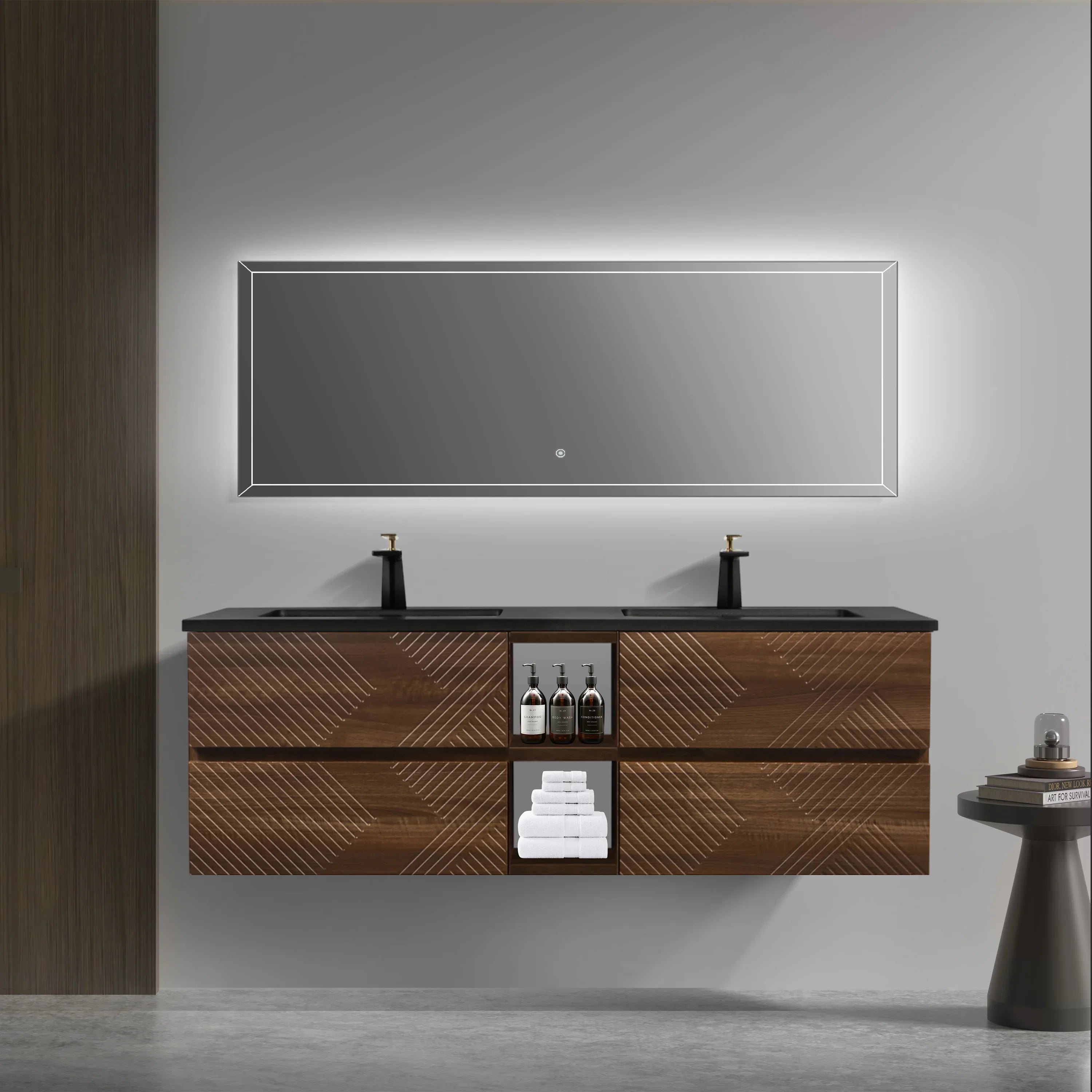 72" Walnut Wall Mount Double Sink Bathroom Vanity with Black Engineered Quartz Countertop-Migration_Bathroom Vanities-DECOROLALA
