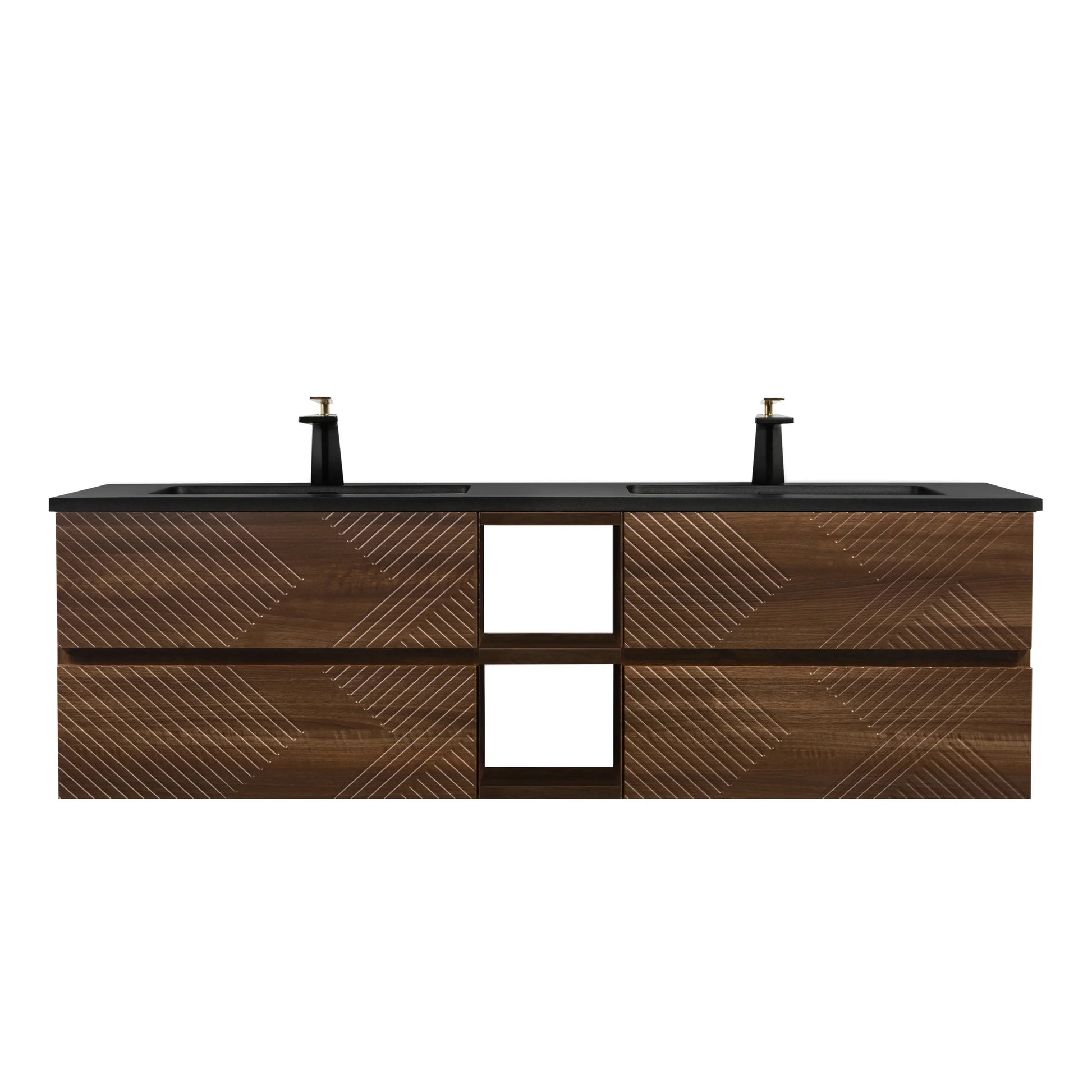 72" Walnut Wall Mount Double Sink Bathroom Vanity with Black Engineered Quartz Countertop-Migration_Bathroom Vanities-DECOROLALA