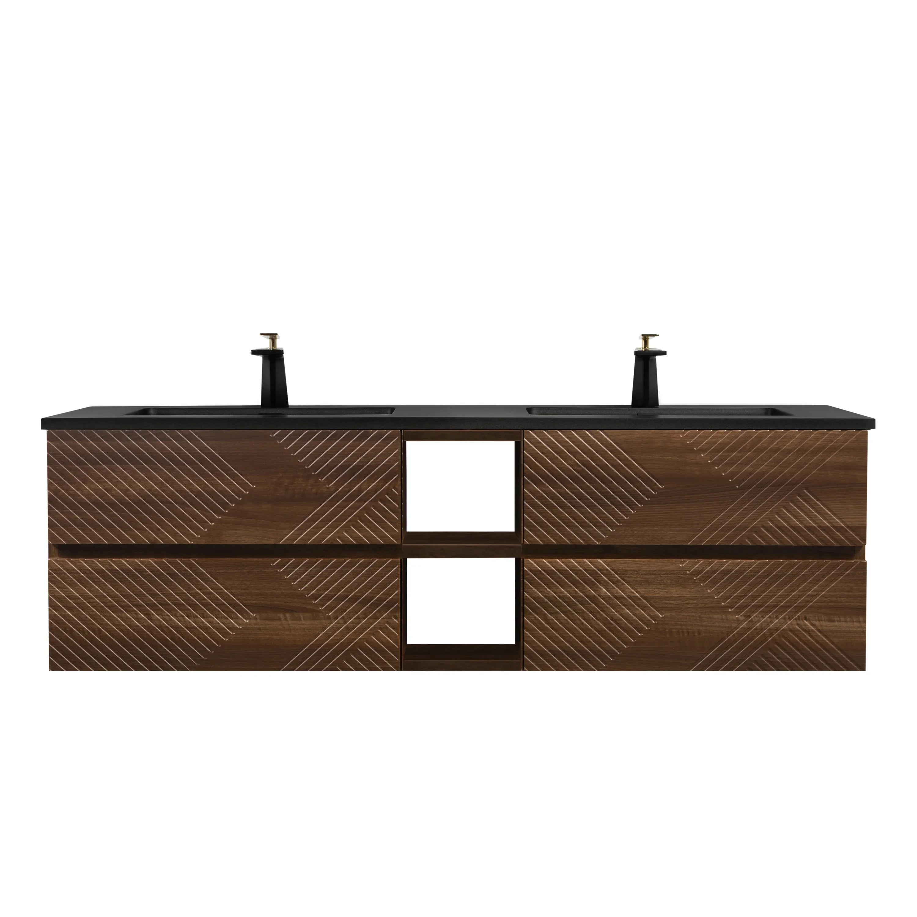 72" Walnut Wall Mount Double Sink Bathroom Vanity with Black Engineered Quartz Countertop-Migration_Bathroom Vanities-DECOROLALA