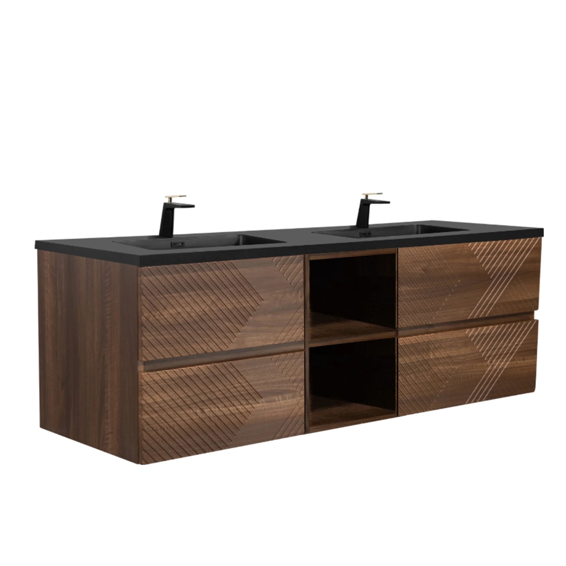 72" Walnut Wall Mount Double Sink Bathroom Vanity with Black Engineered Quartz Countertop-Migration_Bathroom Vanities-DECOROLALA