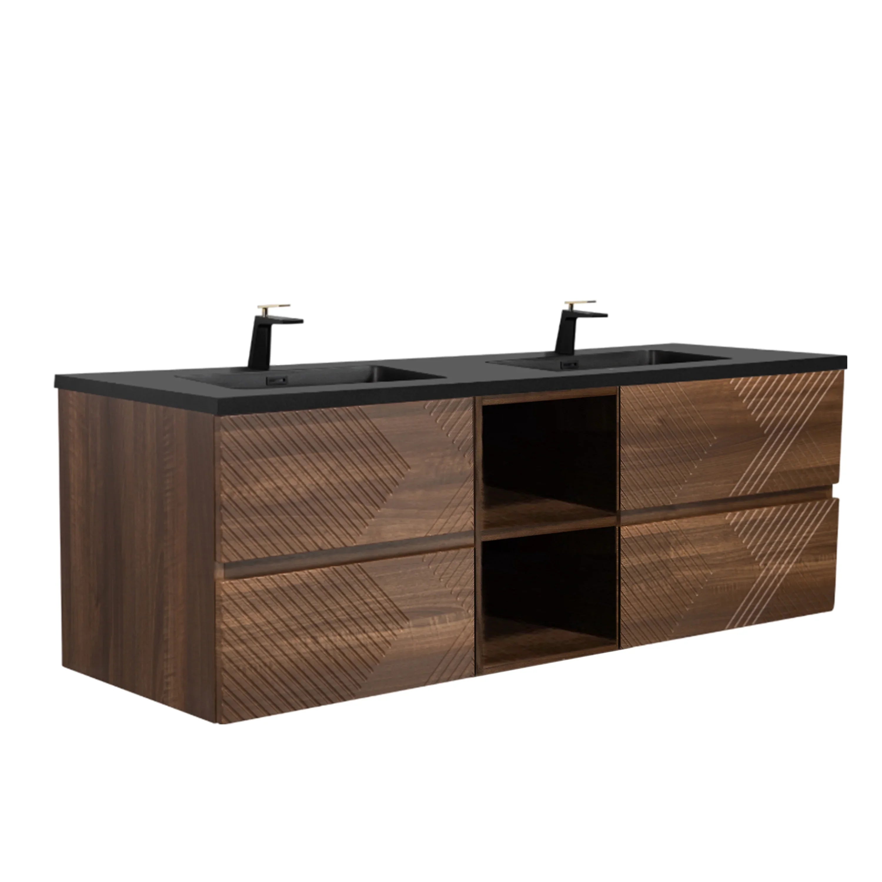 72" Walnut Wall Mount Double Sink Bathroom Vanity with Black Engineered Quartz Countertop-Migration_Bathroom Vanities-DECOROLALA