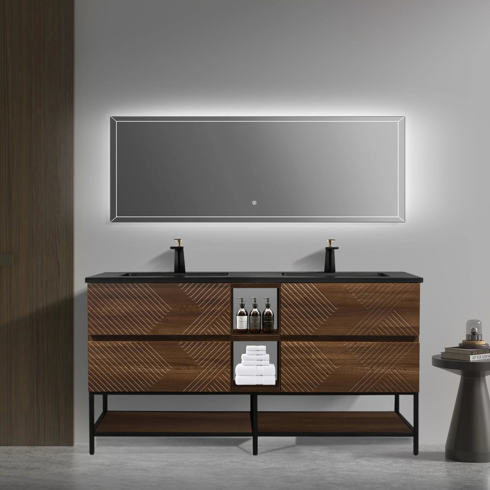 72" Walnut Wall Mount Double Sink Bathroom Vanity with Black Engineered Quartz Countertop-Migration_Bathroom Vanities-DECOROLALA