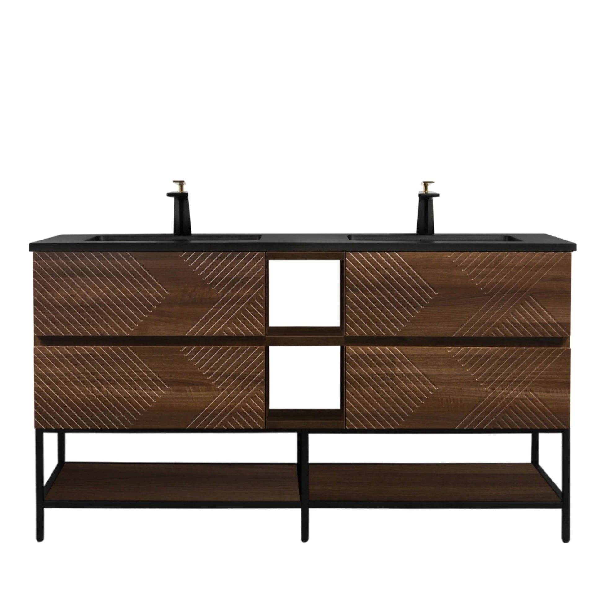 72" Walnut Wall Mount Double Sink Bathroom Vanity with Black Engineered Quartz Countertop-Migration_Bathroom Vanities-DECOROLALA