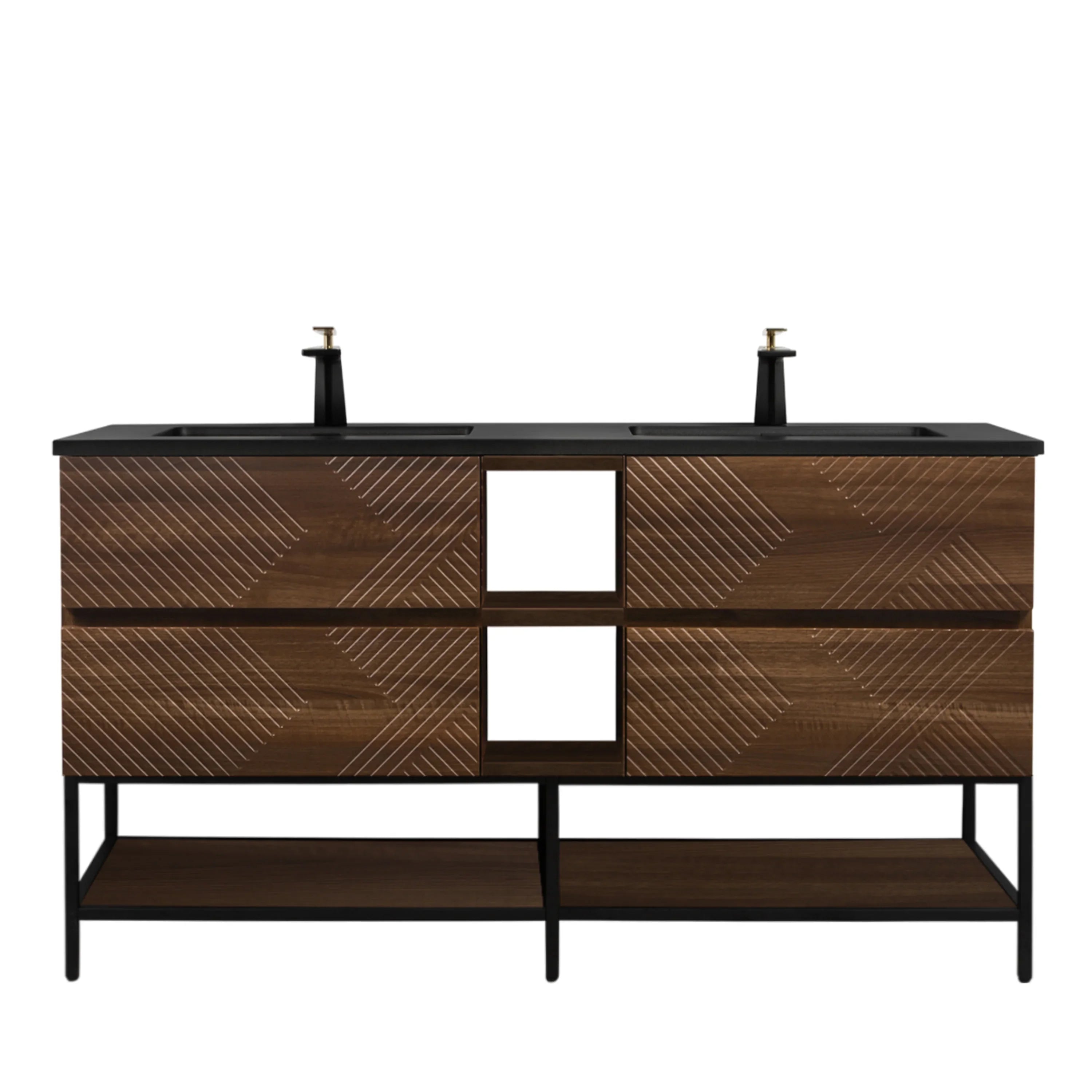 72" Walnut Wall Mount Double Sink Bathroom Vanity with Black Engineered Quartz Countertop-Migration_Bathroom Vanities-DECOROLALA