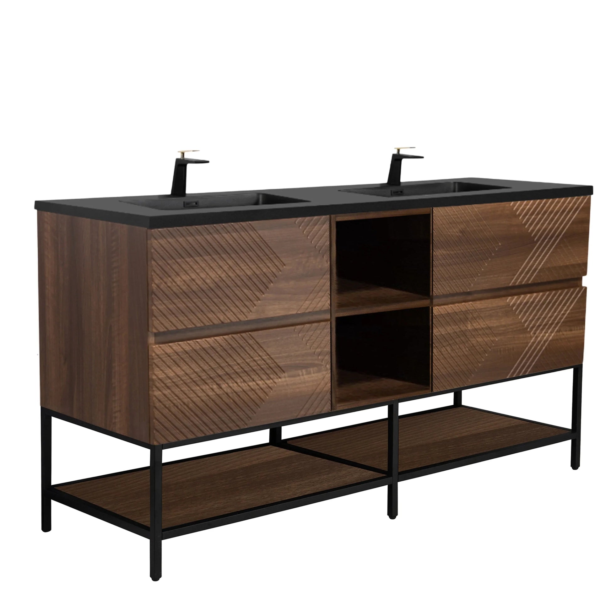 72" Walnut Wall Mount Double Sink Bathroom Vanity with Black Engineered Quartz Countertop-Migration_Bathroom Vanities-DECOROLALA