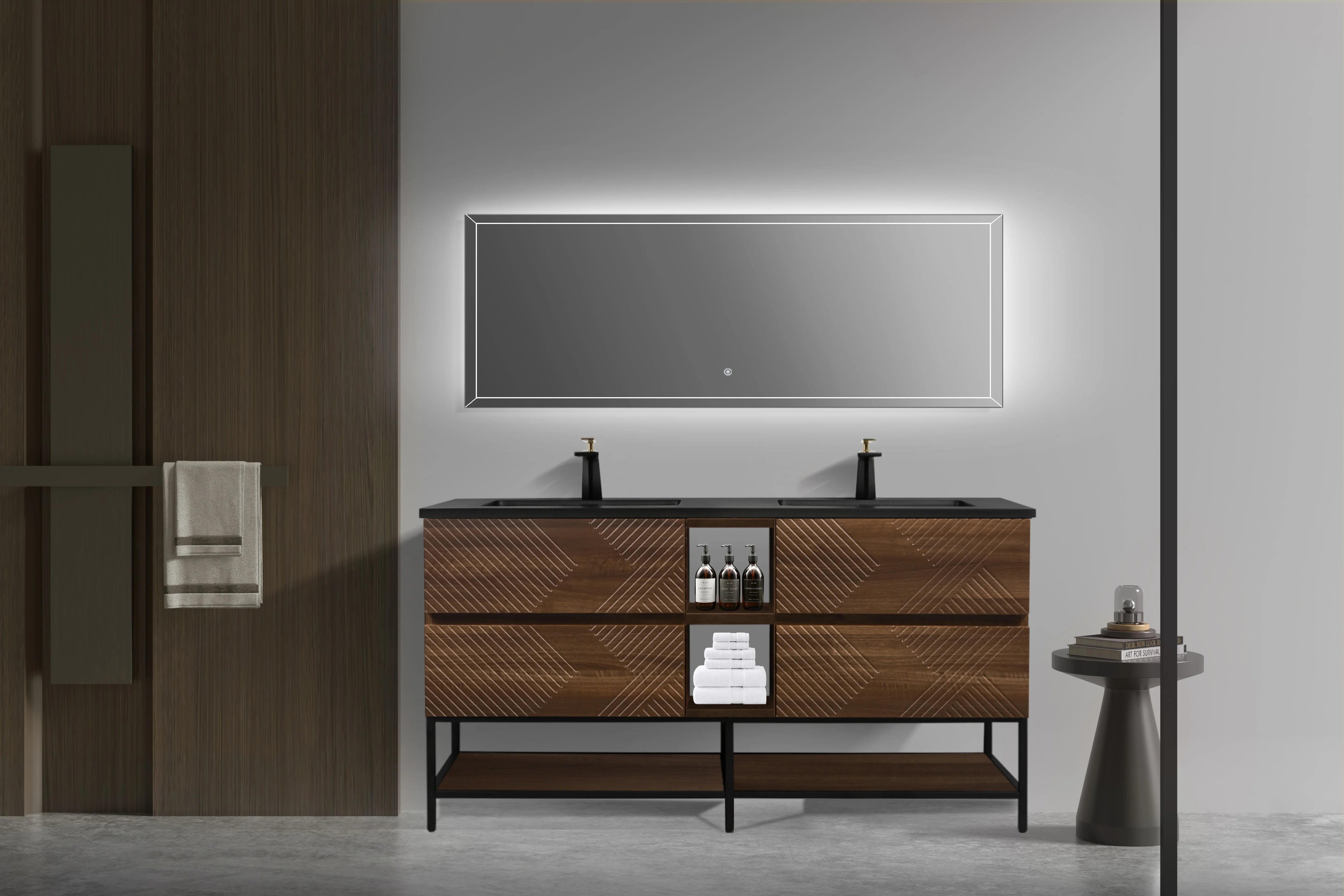 72" Walnut Wall Mount Double Sink Bathroom Vanity with Black Engineered Quartz Countertop-Migration_Bathroom Vanities-DECOROLALA