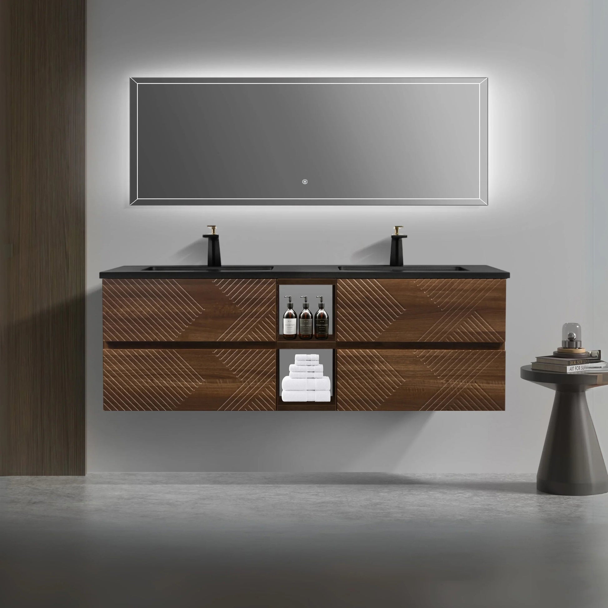 72" Walnut Wall Mount Double Sink Bathroom Vanity with Black Engineered Quartz Countertop-Migration_Bathroom Vanities-DECOROLALA