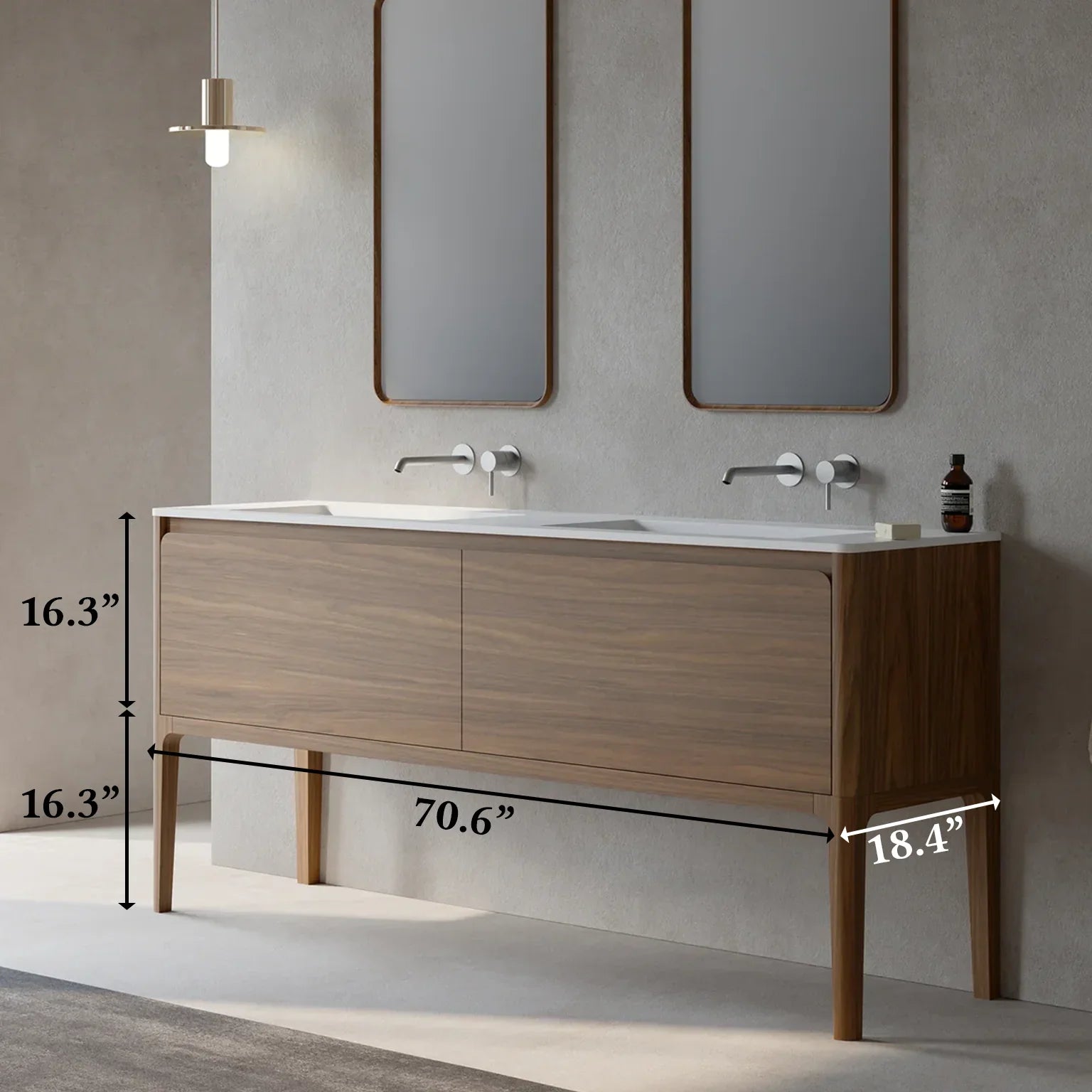 72" Walnut Wall Mount Double Sink Bathroom Vanity with Matte White Solid Surface Countertop-Migration_Bathroom Vanities-DECOROLALA