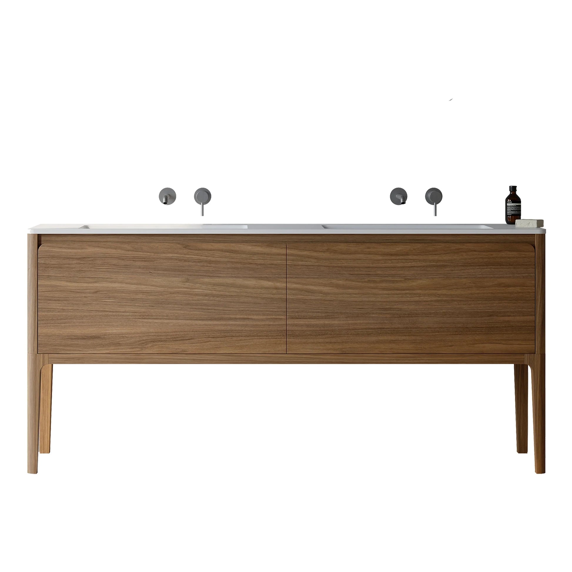 72" Walnut Wall Mount Double Sink Bathroom Vanity with Matte White Solid Surface Countertop-Migration_Bathroom Vanities-DECOROLALA