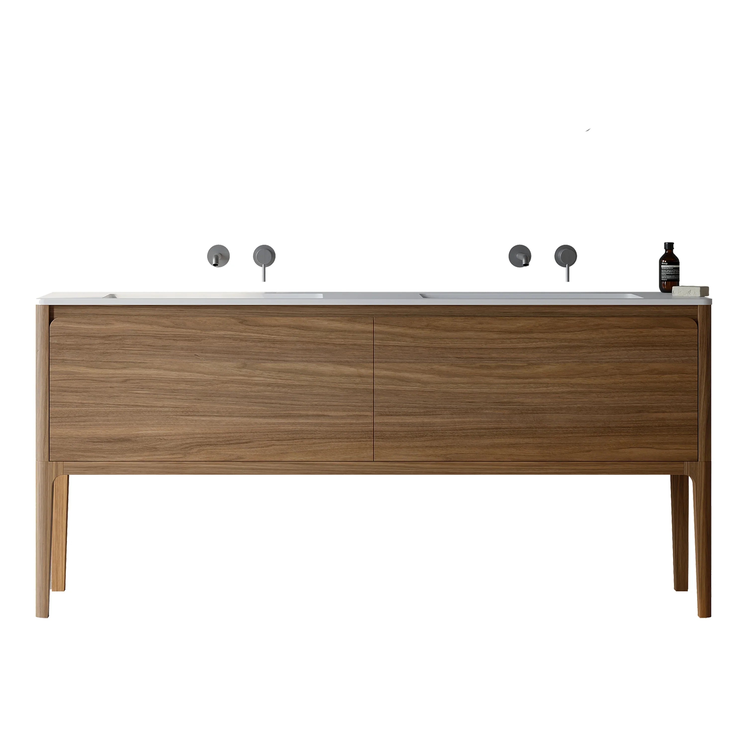 72" Walnut Wall Mount Double Sink Bathroom Vanity with Matte White Solid Surface Countertop-Migration_Bathroom Vanities-DECOROLALA