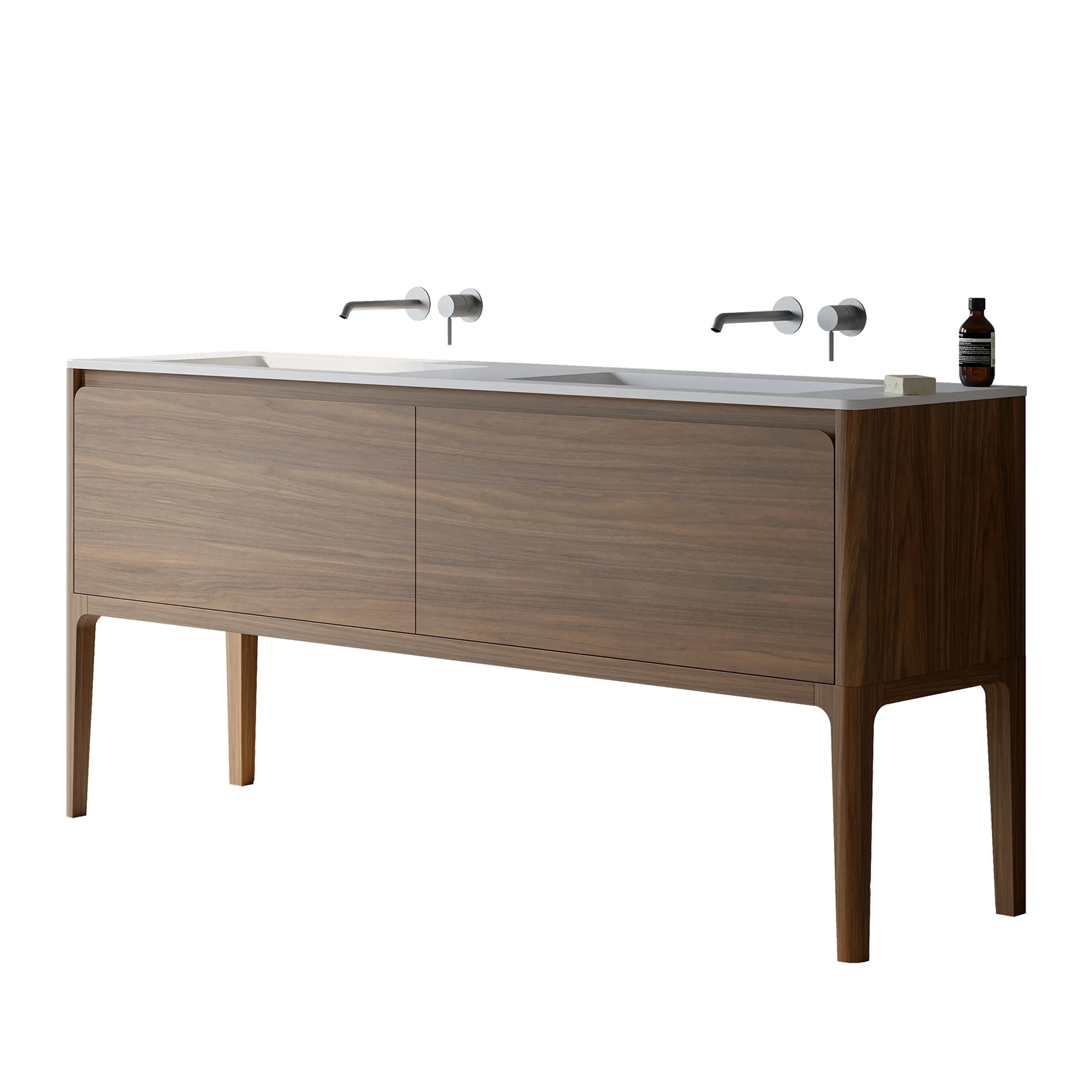 72" Walnut Wall Mount Double Sink Bathroom Vanity with Matte White Solid Surface Countertop-Migration_Bathroom Vanities-DECOROLALA