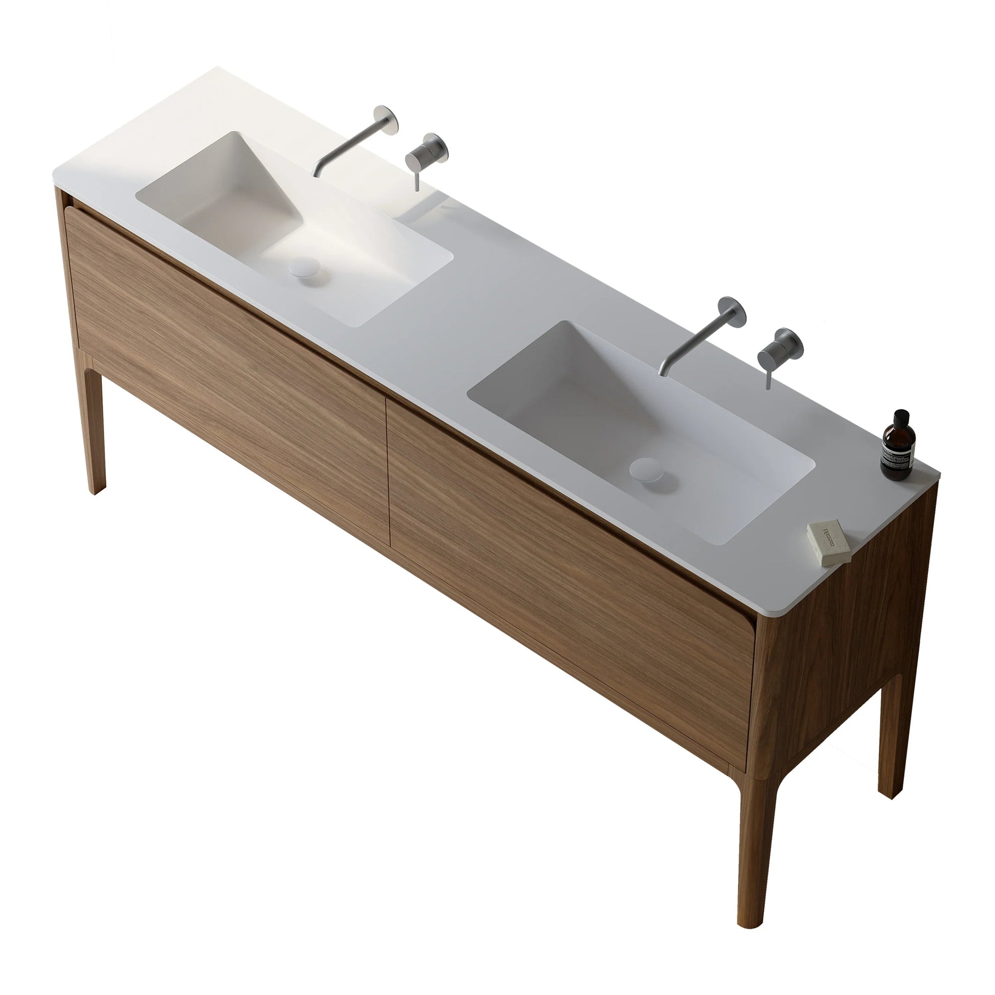 72" Walnut Wall Mount Double Sink Bathroom Vanity with Matte White Solid Surface Countertop-Migration_Bathroom Vanities-DECOROLALA