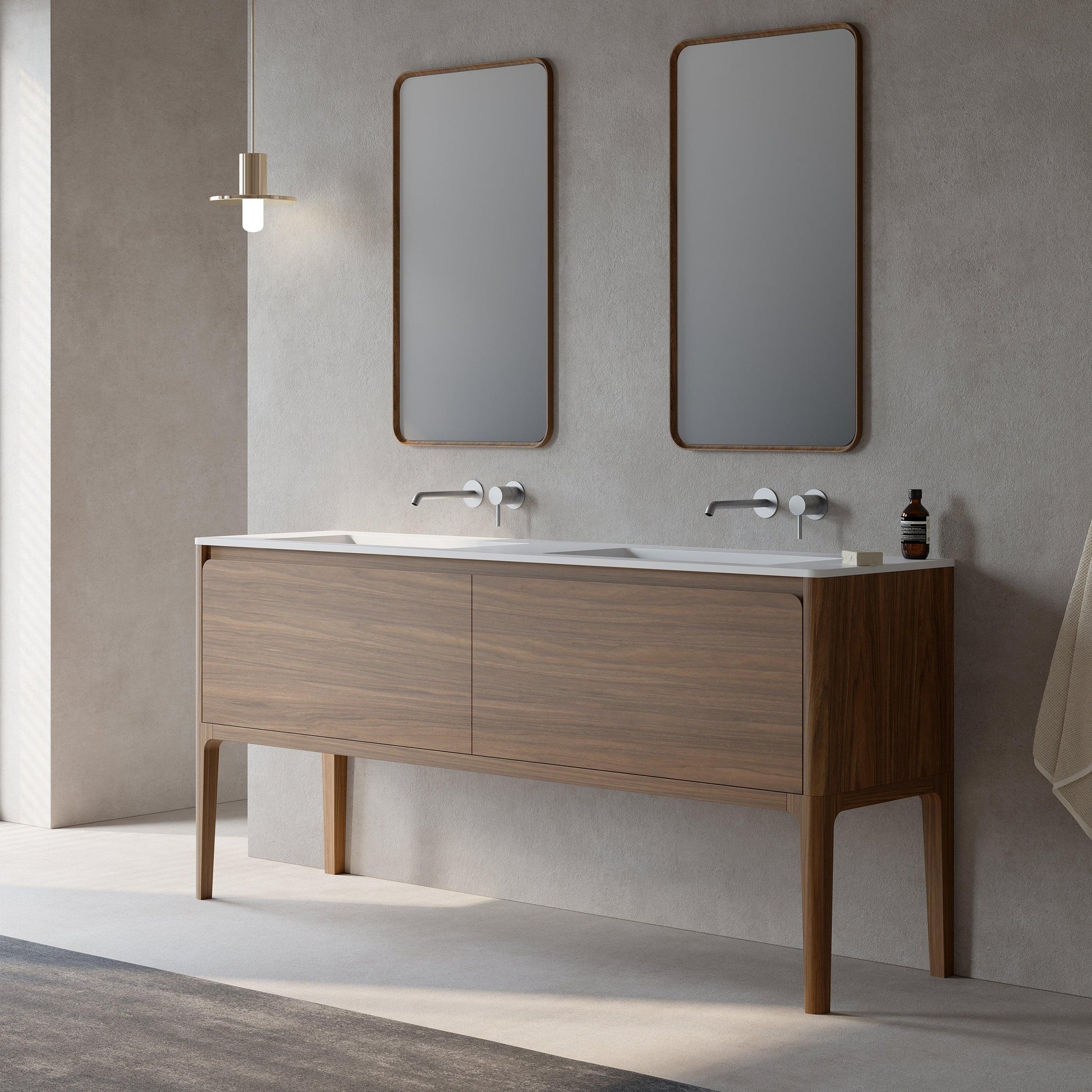 72" Walnut Wall Mount Double Sink Bathroom Vanity with Matte White Solid Surface Countertop-Migration_Bathroom Vanities-DECOROLALA