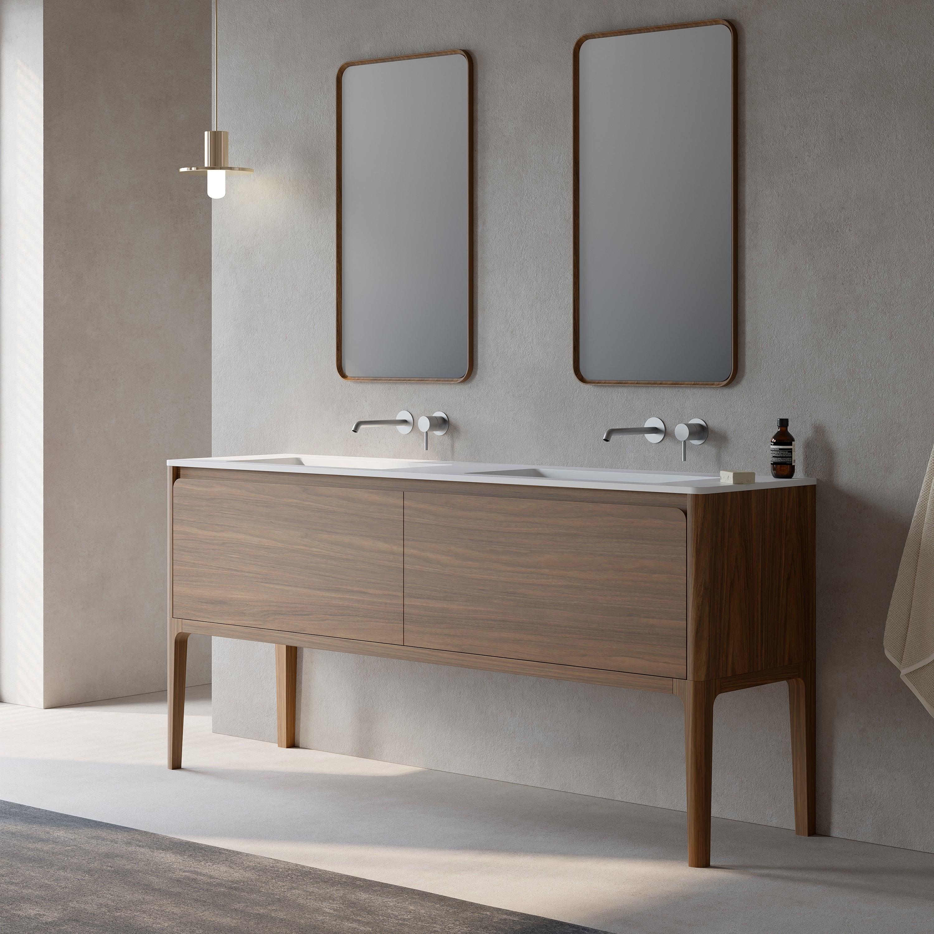 72" Walnut Wall Mount Double Sink Bathroom Vanity with Matte White Solid Surface Countertop-Migration_Bathroom Vanities-DECOROLALA