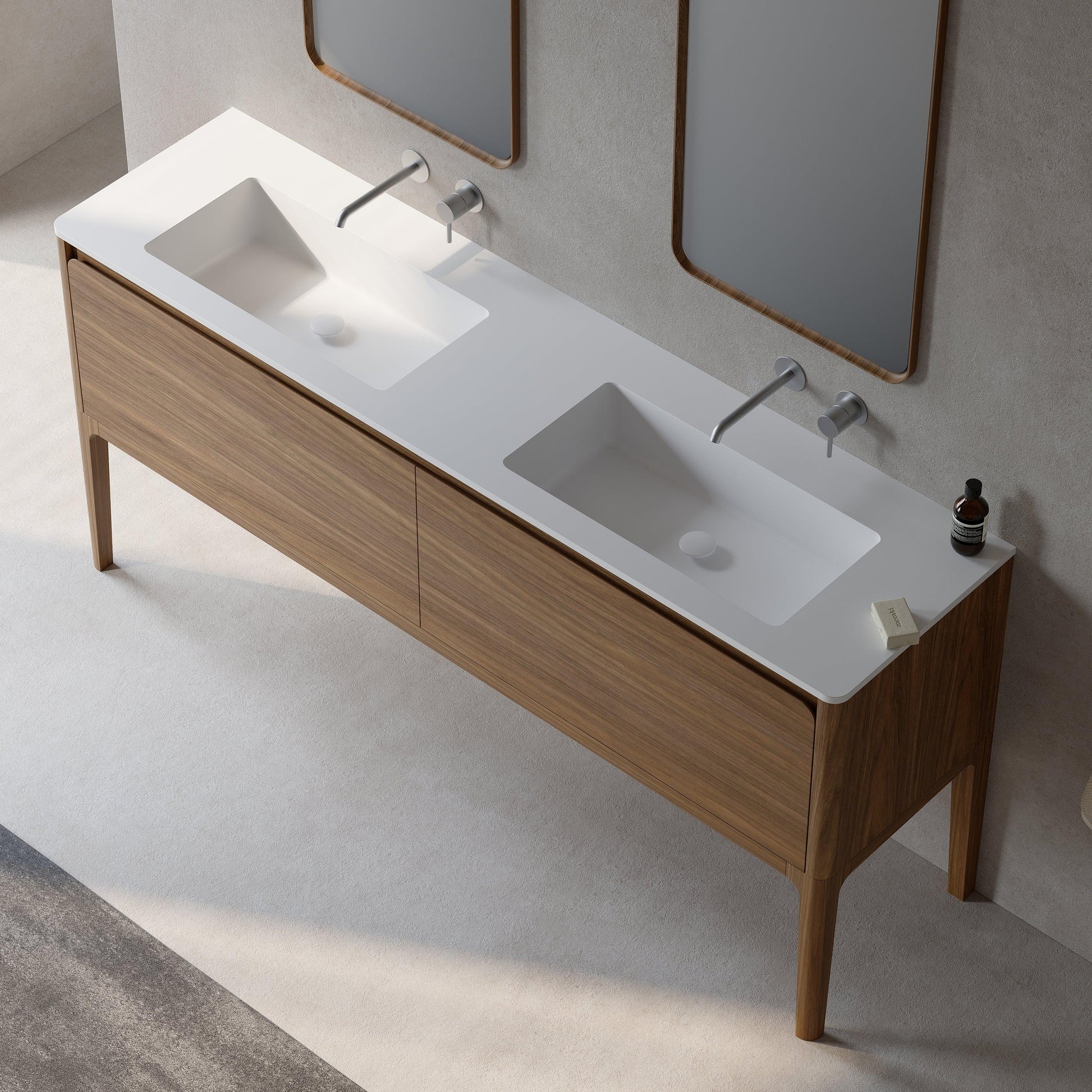 72" Walnut Wall Mount Double Sink Bathroom Vanity with Matte White Solid Surface Countertop-Migration_Bathroom Vanities-DECOROLALA