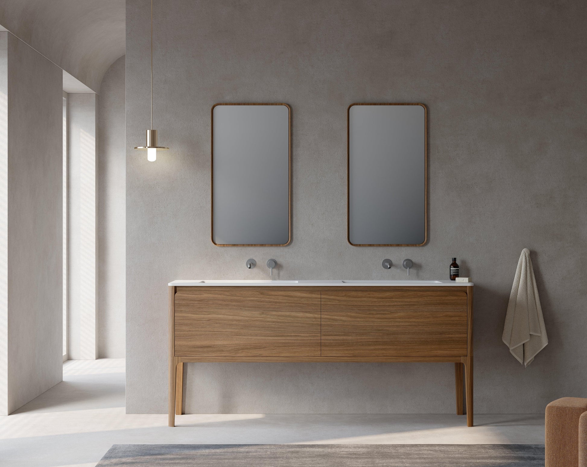 72" Walnut Wall Mount Double Sink Bathroom Vanity with Matte White Solid Surface Countertop-Migration_Bathroom Vanities-DECOROLALA