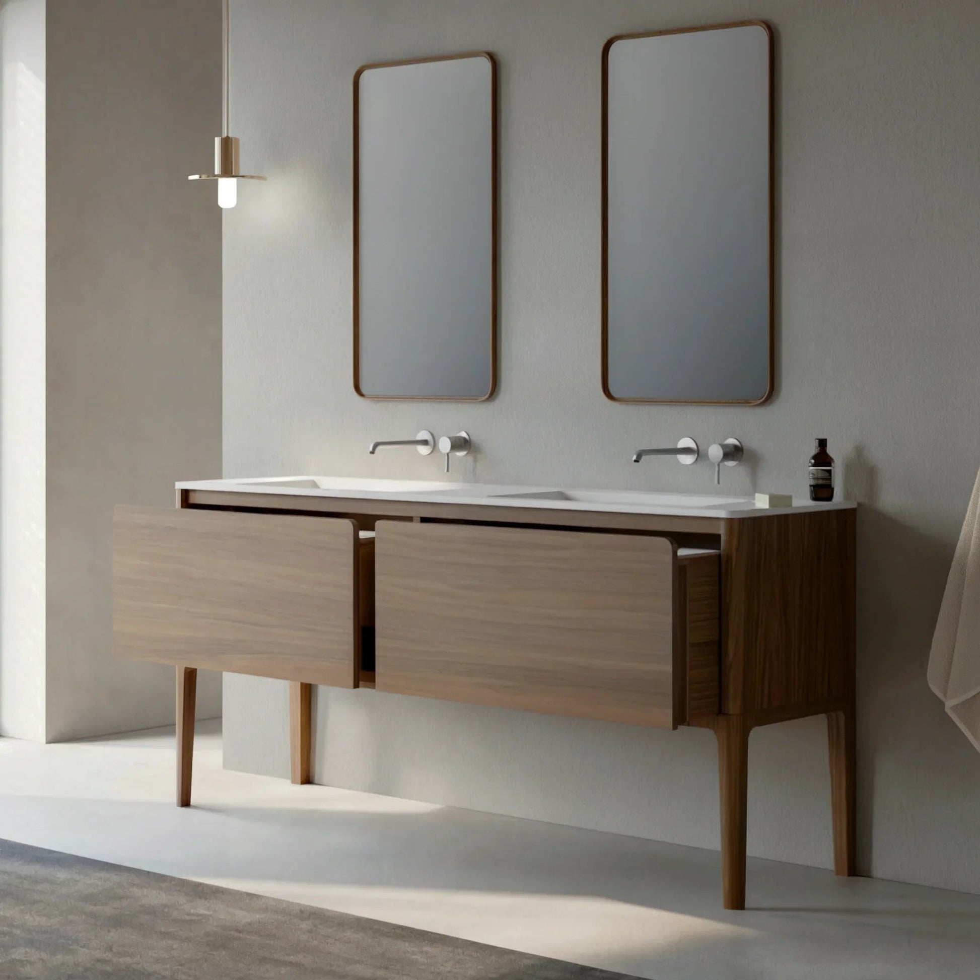 72" Walnut Wall Mount Double Sink Bathroom Vanity with Matte White Solid Surface Countertop-Migration_Bathroom Vanities-DECOROLALA