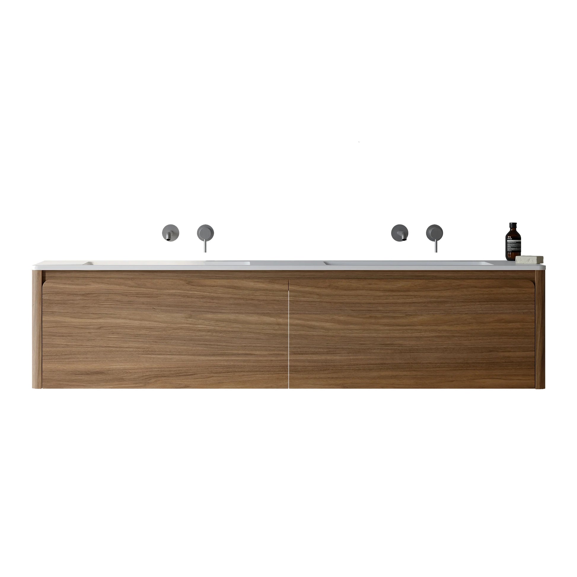 72" Walnut Wall Mount Double Sink Bathroom Vanity with Matte White Solid Surface Countertop-Migration_Bathroom Vanities-DECOROLALA