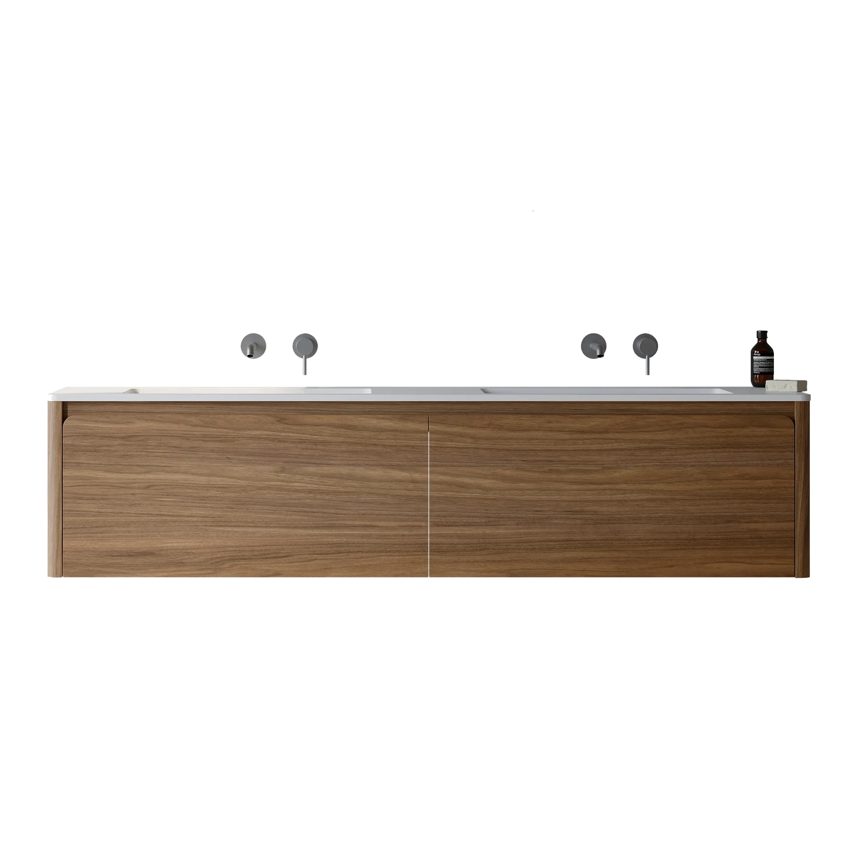 72" Walnut Wall Mount Double Sink Bathroom Vanity with Matte White Solid Surface Countertop-Migration_Bathroom Vanities-DECOROLALA