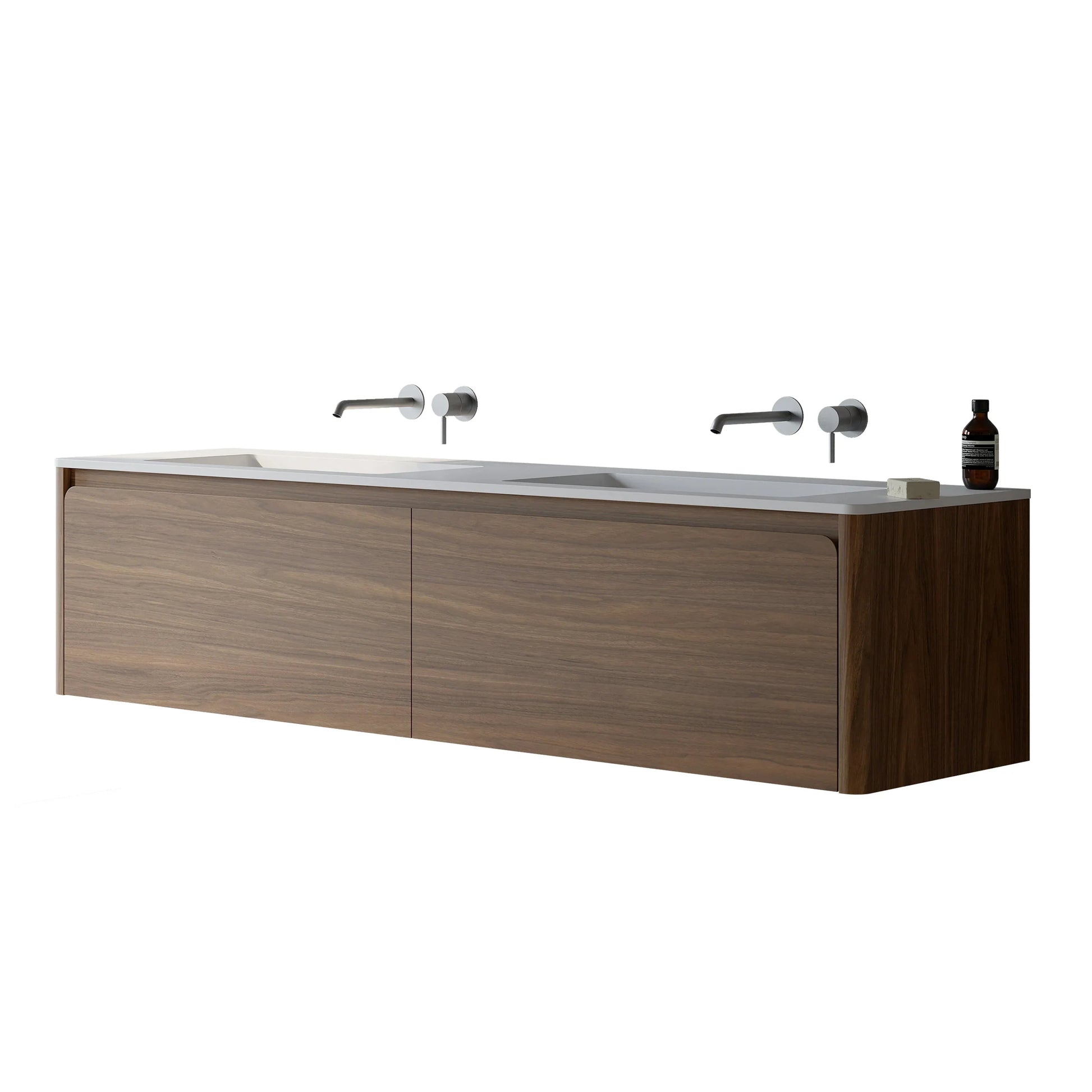 72" Walnut Wall Mount Double Sink Bathroom Vanity with Matte White Solid Surface Countertop-Migration_Bathroom Vanities-DECOROLALA