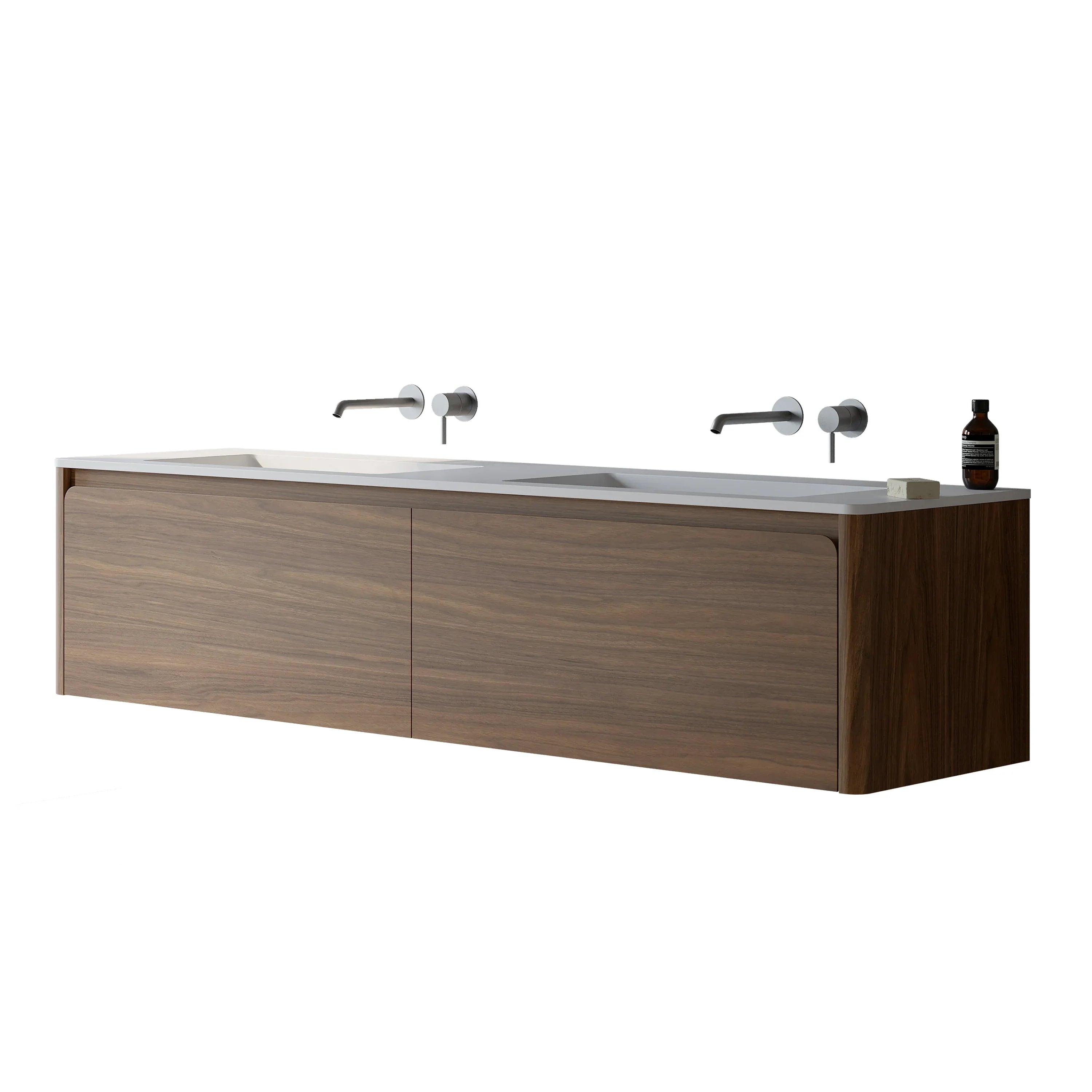 72" Walnut Wall Mount Double Sink Bathroom Vanity with Matte White Solid Surface Countertop-Migration_Bathroom Vanities-DECOROLALA