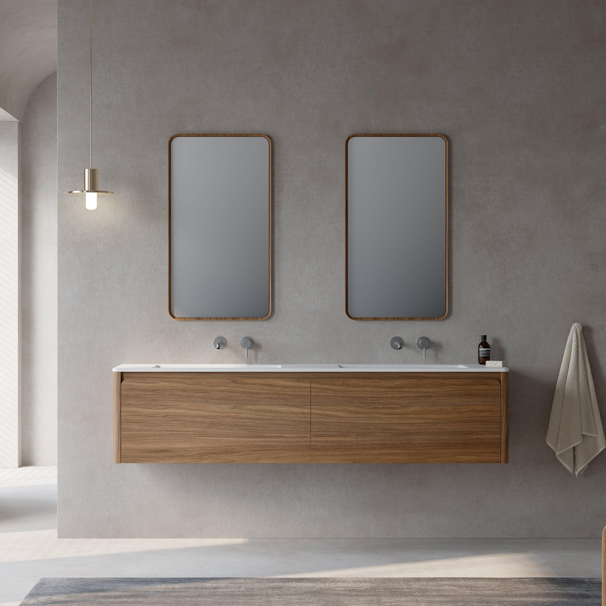 72" Walnut Wall Mount Double Sink Bathroom Vanity with Matte White Solid Surface Countertop-Migration_Bathroom Vanities-DECOROLALA