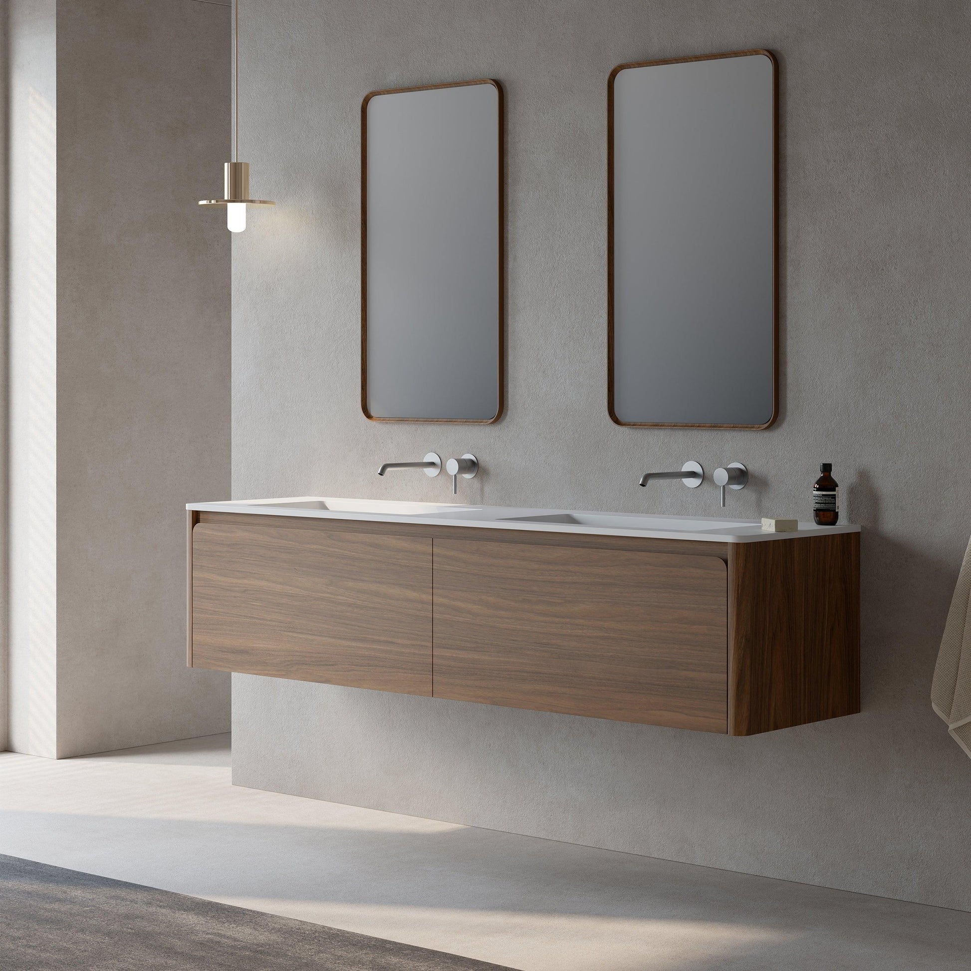 72" Walnut Wall Mount Double Sink Bathroom Vanity with Matte White Solid Surface Countertop-Migration_Bathroom Vanities-DECOROLALA