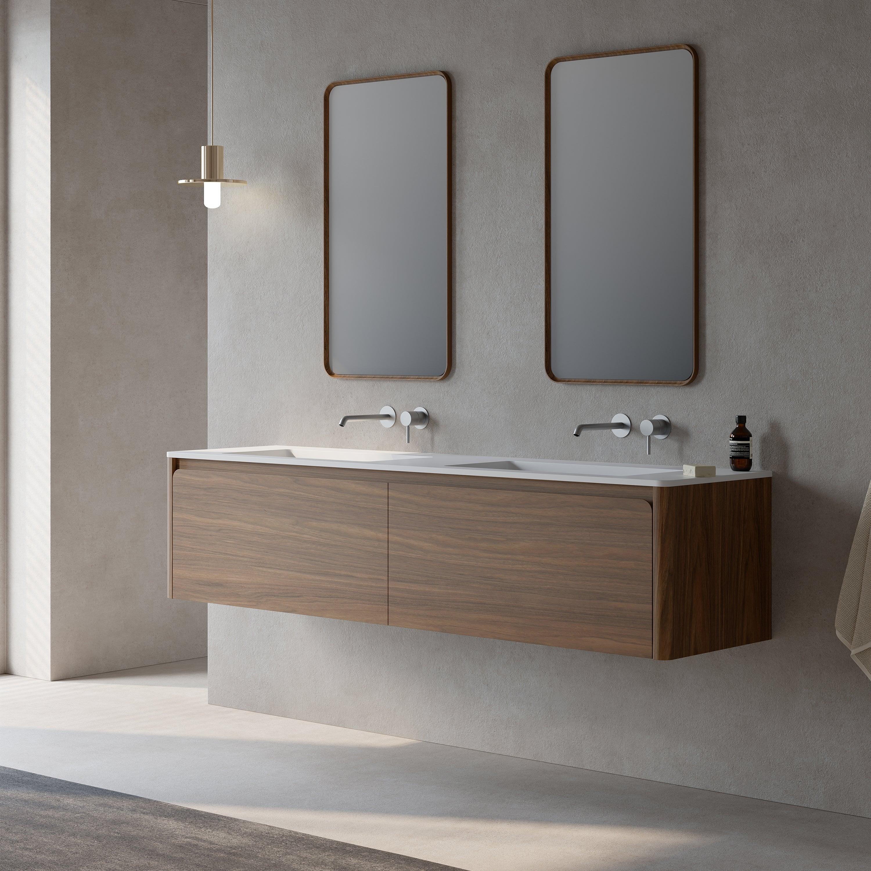 72" Walnut Wall Mount Double Sink Bathroom Vanity with Matte White Solid Surface Countertop-Migration_Bathroom Vanities-DECOROLALA