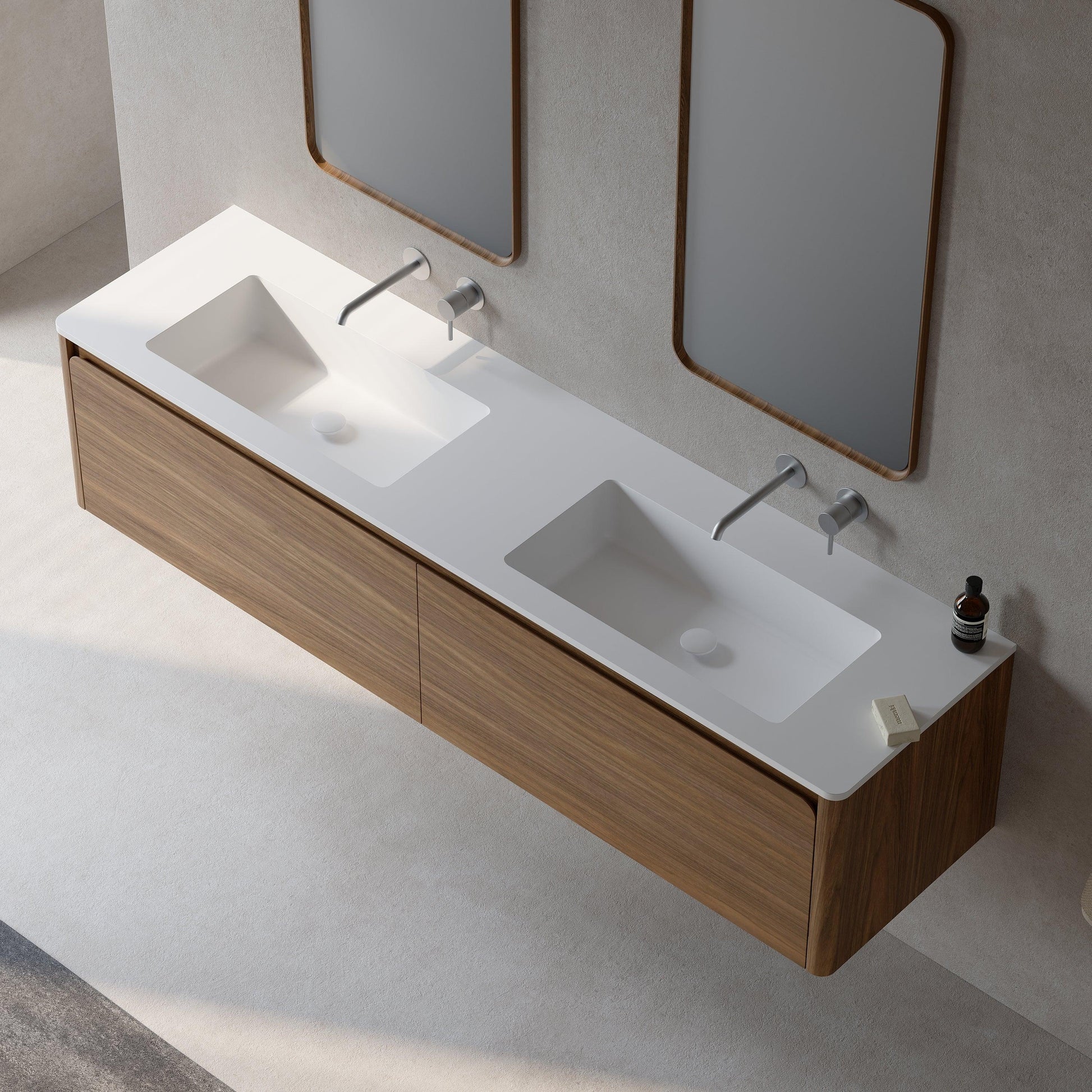 72" Walnut Wall Mount Double Sink Bathroom Vanity with Matte White Solid Surface Countertop-Migration_Bathroom Vanities-DECOROLALA