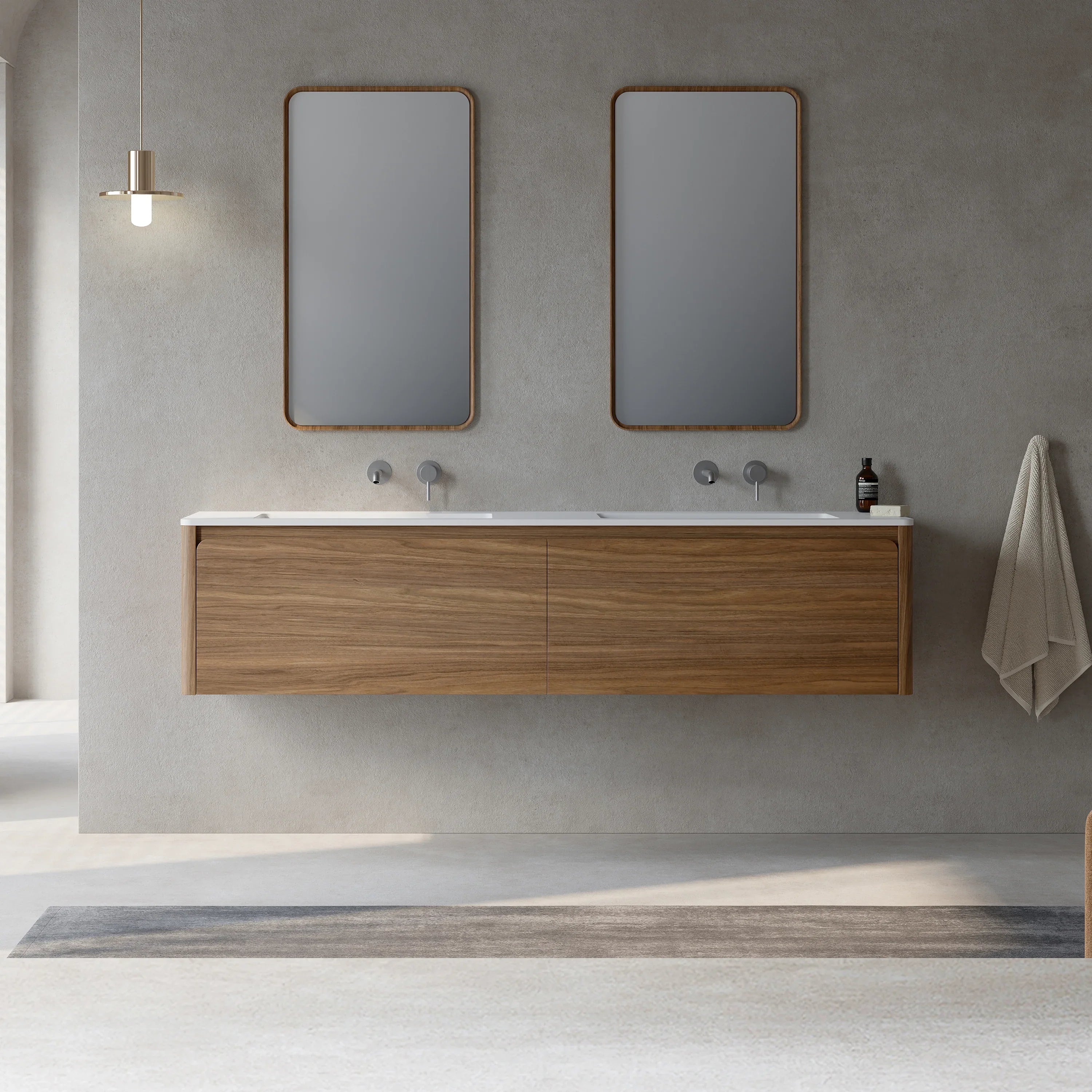 72" Walnut Wall Mount Double Sink Bathroom Vanity with Matte White Solid Surface Countertop-Migration_Bathroom Vanities-DECOROLALA