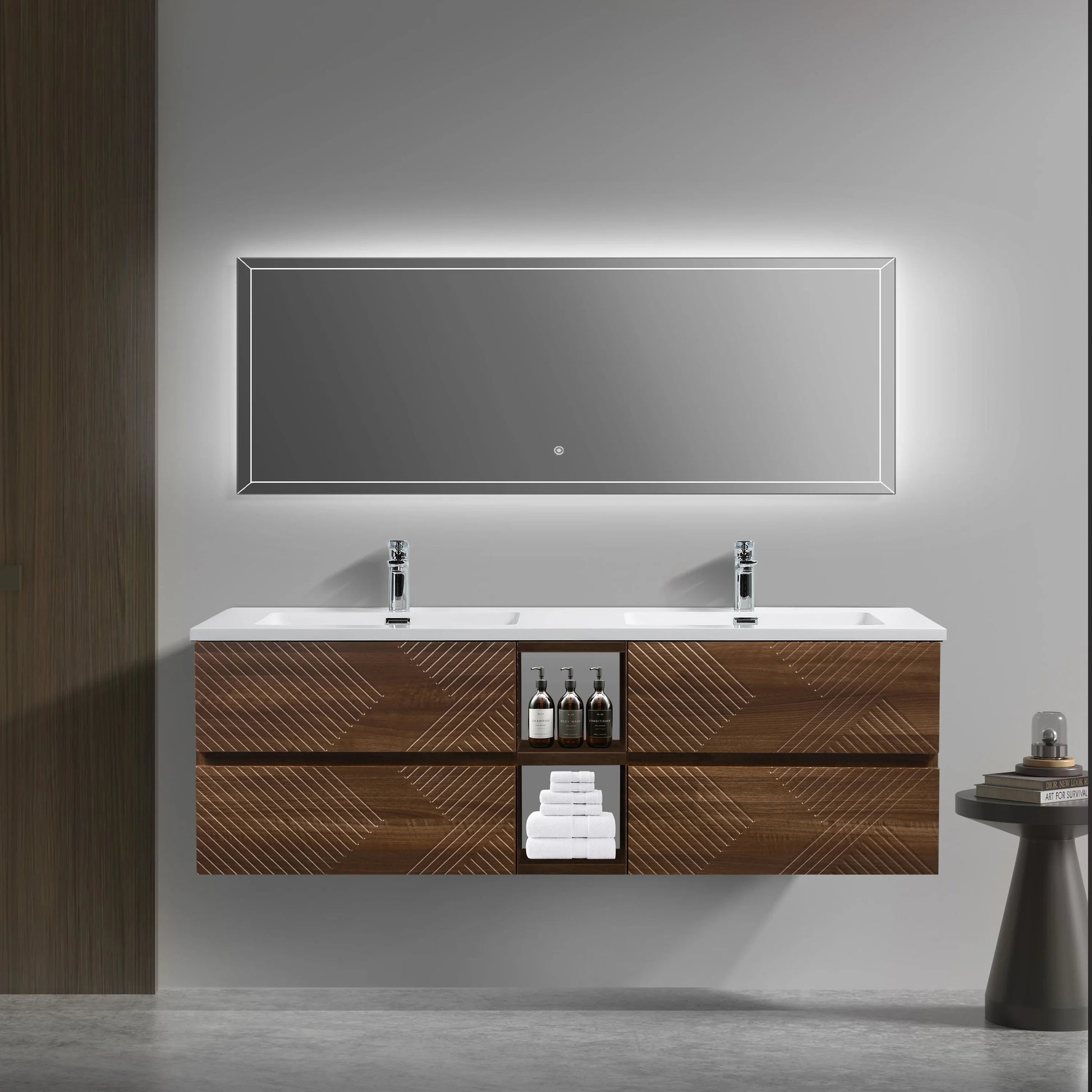 72" Walnut Wall Mount Double Sink Bathroom Vanity with White Polymarble Countertop-Migration_Bathroom Vanities-DECOROLALA