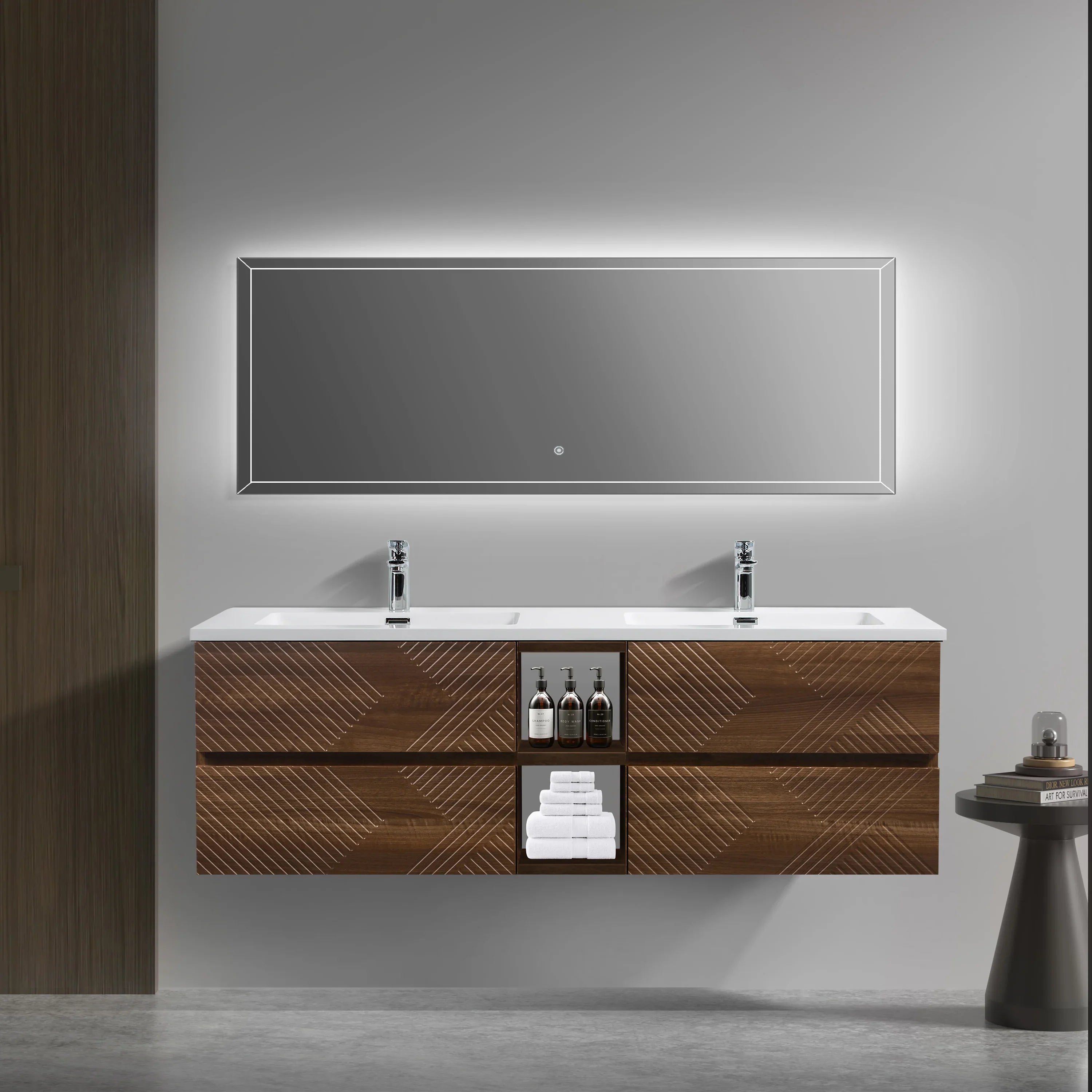 72" Walnut Wall Mount Double Sink Bathroom Vanity with White Polymarble Countertop-Migration_Bathroom Vanities-DECOROLALA