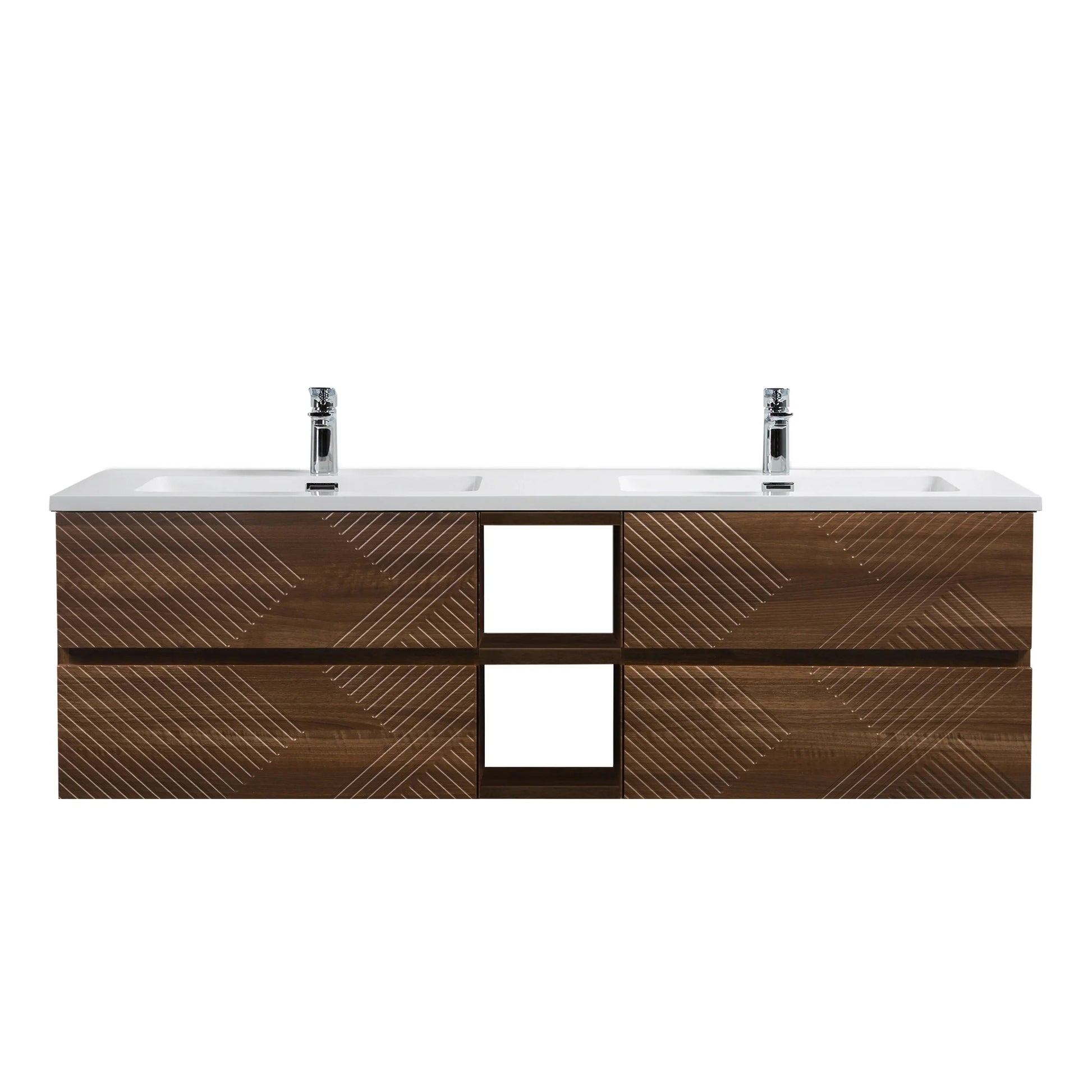 72" Walnut Wall Mount Double Sink Bathroom Vanity with White Polymarble Countertop-Migration_Bathroom Vanities-DECOROLALA