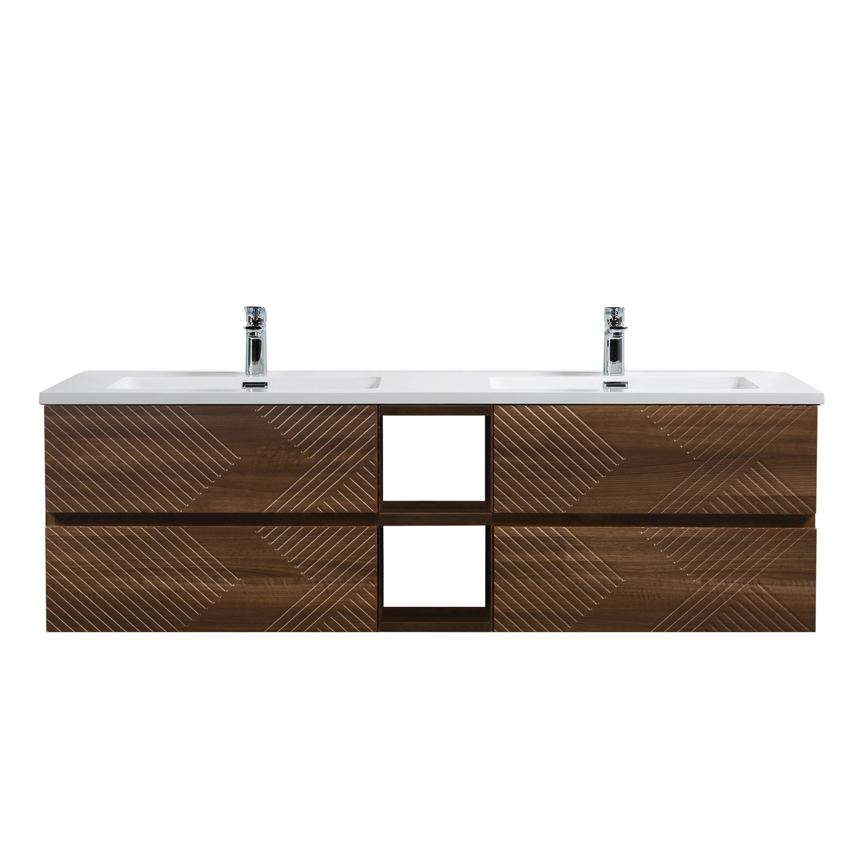 72" Walnut Wall Mount Double Sink Bathroom Vanity with White Polymarble Countertop-Migration_Bathroom Vanities-DECOROLALA