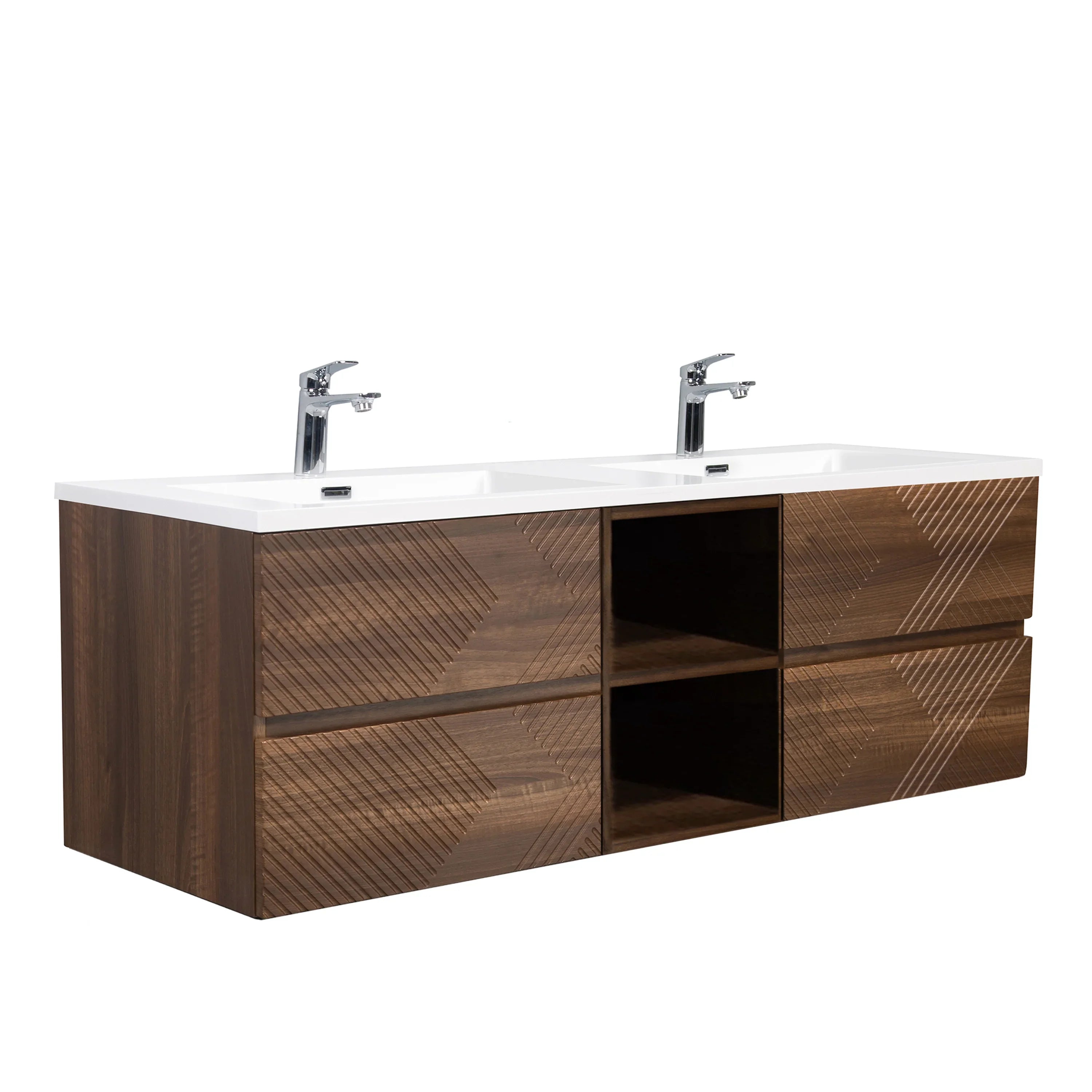72" Walnut Wall Mount Double Sink Bathroom Vanity with White Polymarble Countertop-Migration_Bathroom Vanities-DECOROLALA