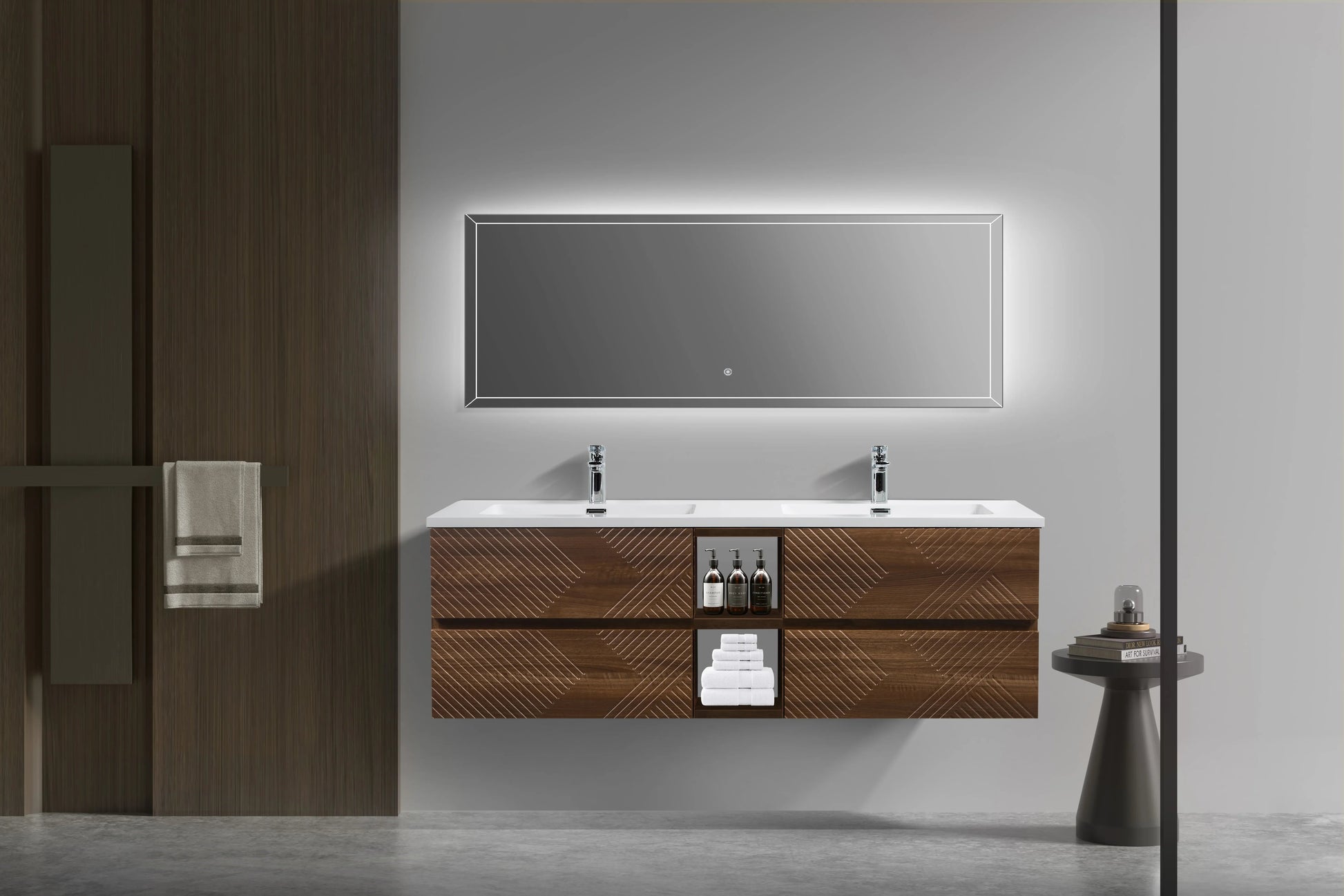 72" Walnut Wall Mount Double Sink Bathroom Vanity with White Polymarble Countertop-Migration_Bathroom Vanities-DECOROLALA