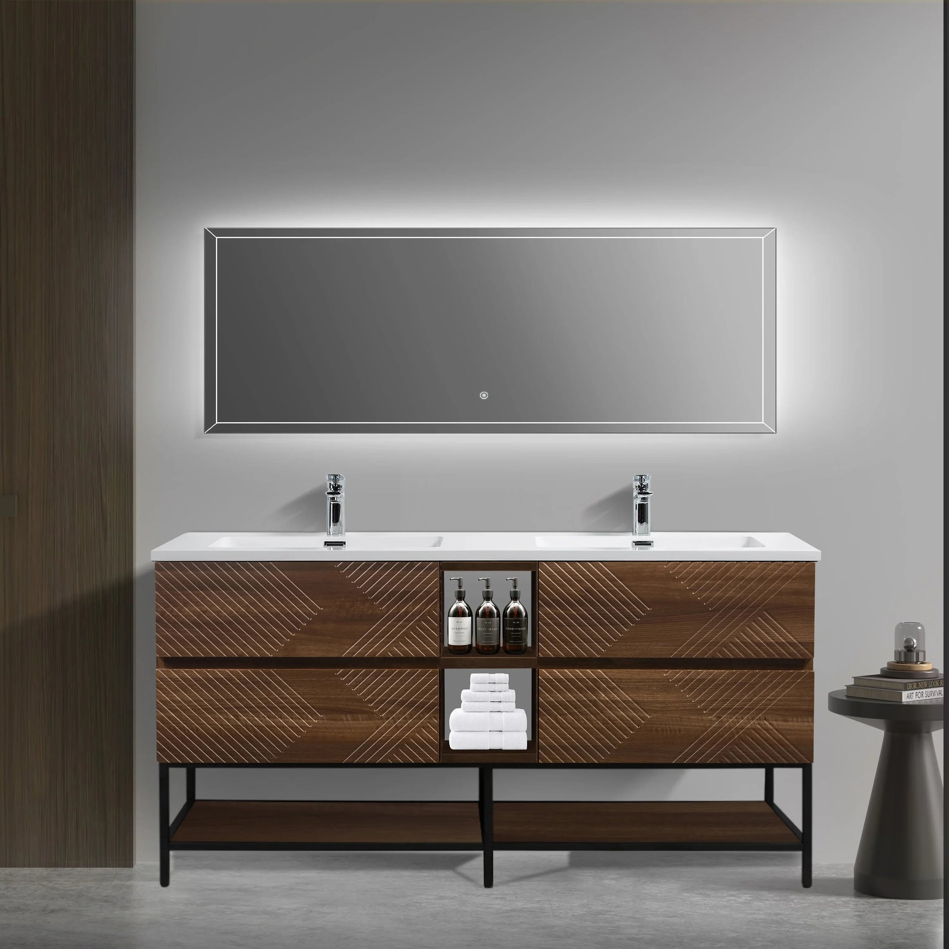 72" Walnut Wall Mount Double Sink Bathroom Vanity with White Polymarble Countertop-Migration_Bathroom Vanities-DECOROLALA