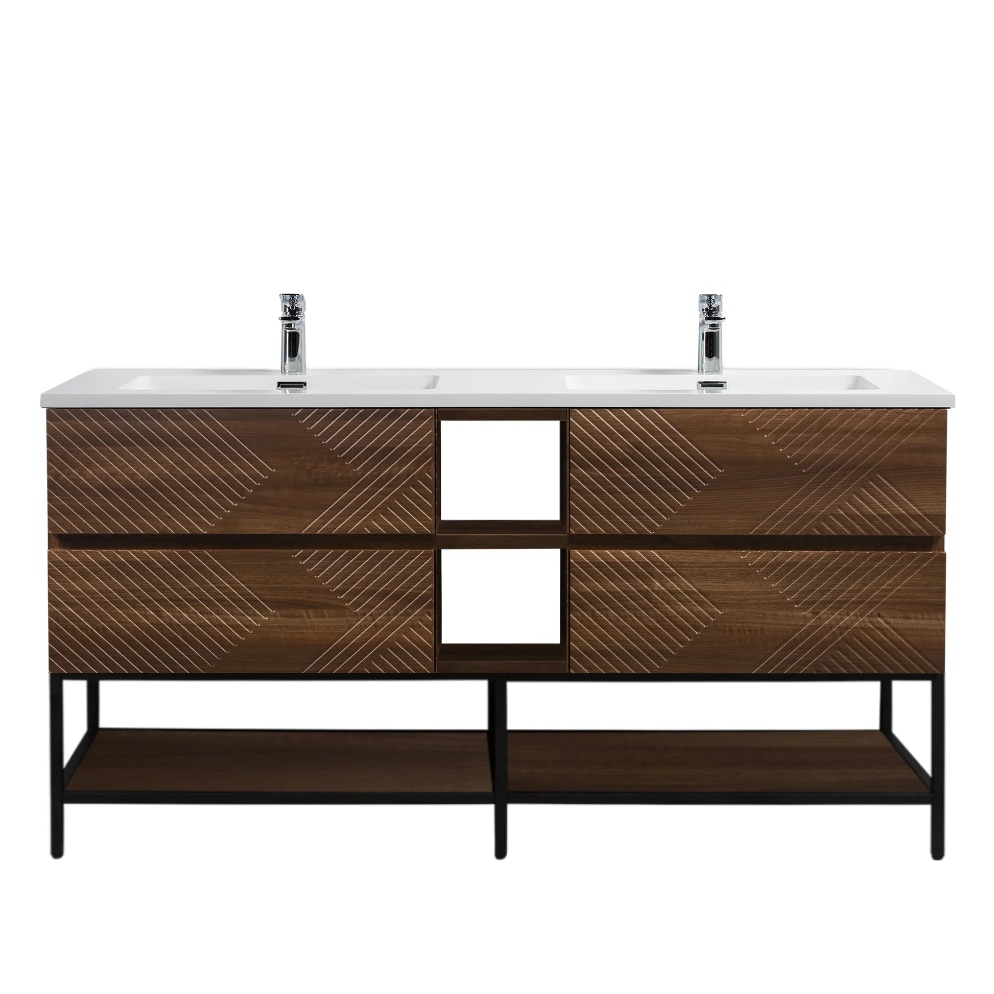 72" Walnut Wall Mount Double Sink Bathroom Vanity with White Polymarble Countertop-Migration_Bathroom Vanities-DECOROLALA